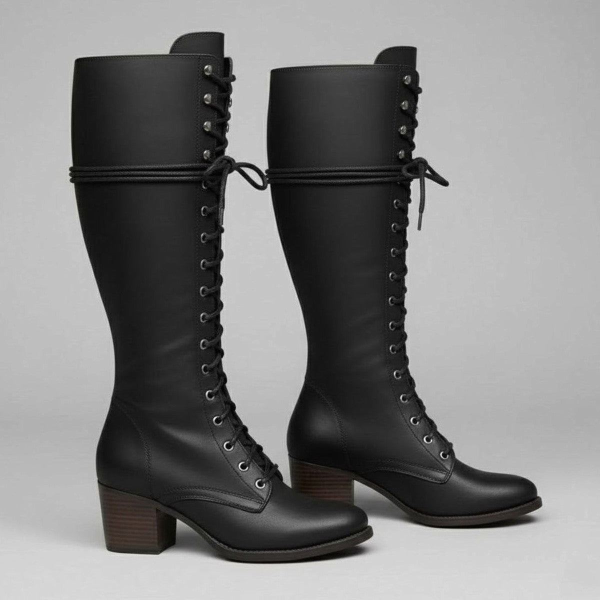 Womens Knee High Lace Up Boots with Side Zipper and Low Block Heel