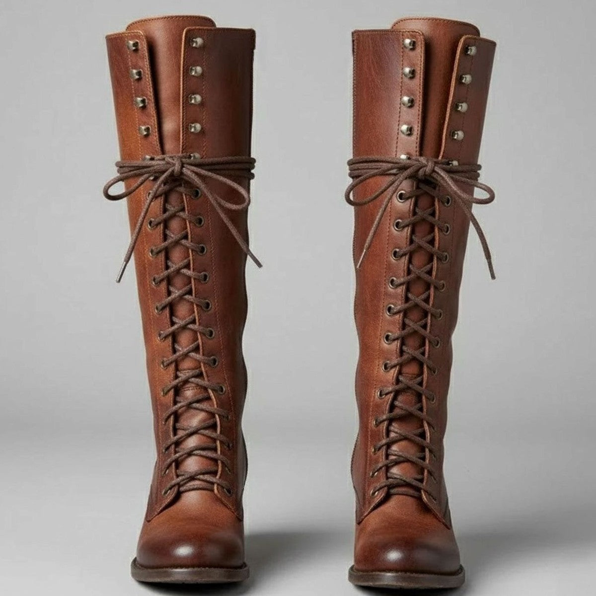 Womens Knee High Lace Up Boots with Side Zipper and Low Block Heel