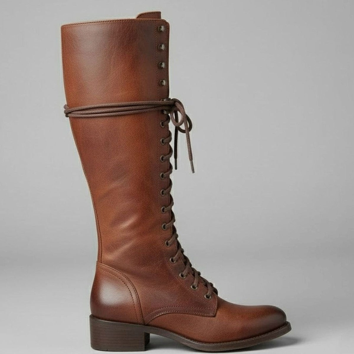 Womens Knee High Lace Up Boots with Side Zipper and Low Block Heel