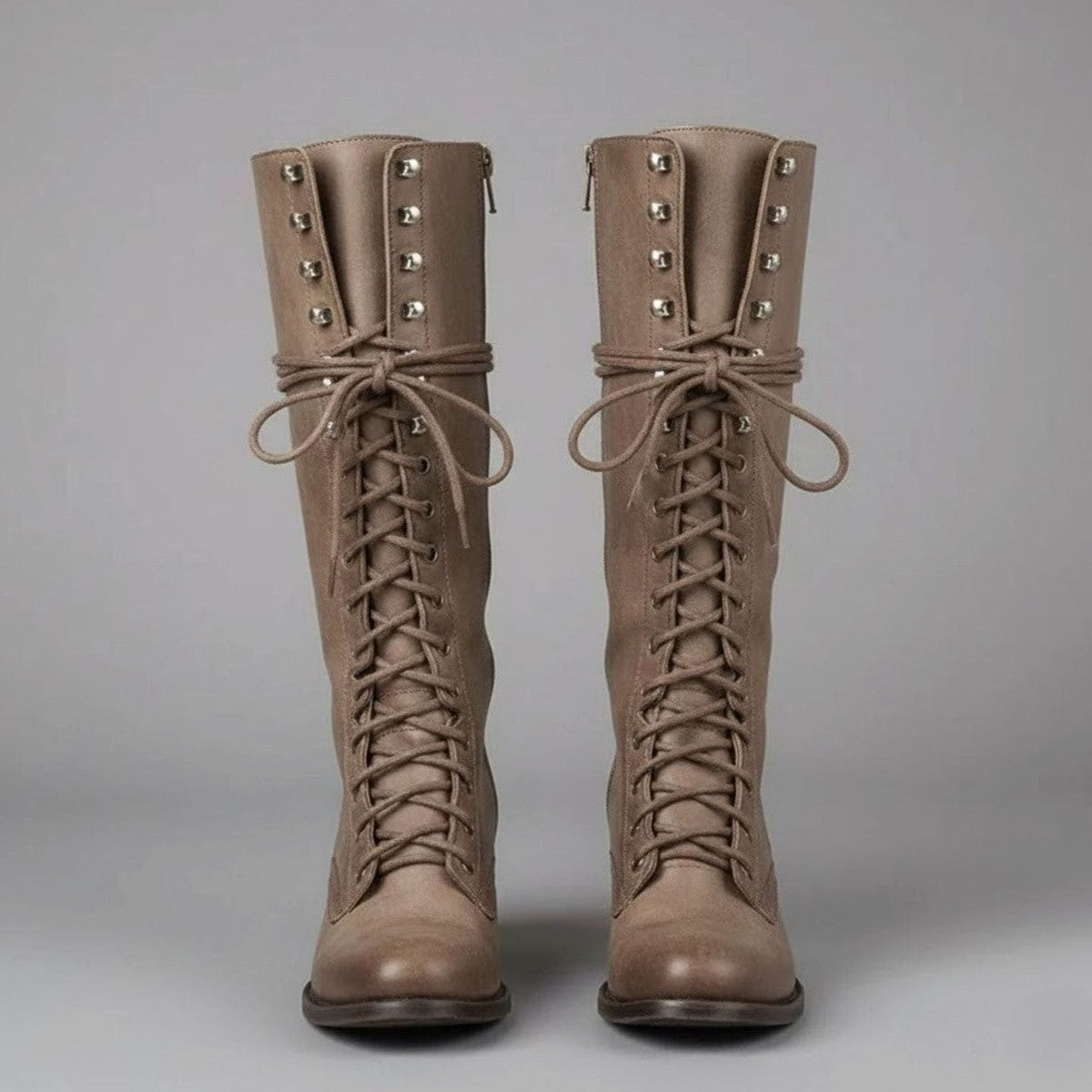 Womens Knee High Lace Up Boots with Side Zipper and Low Block Heel