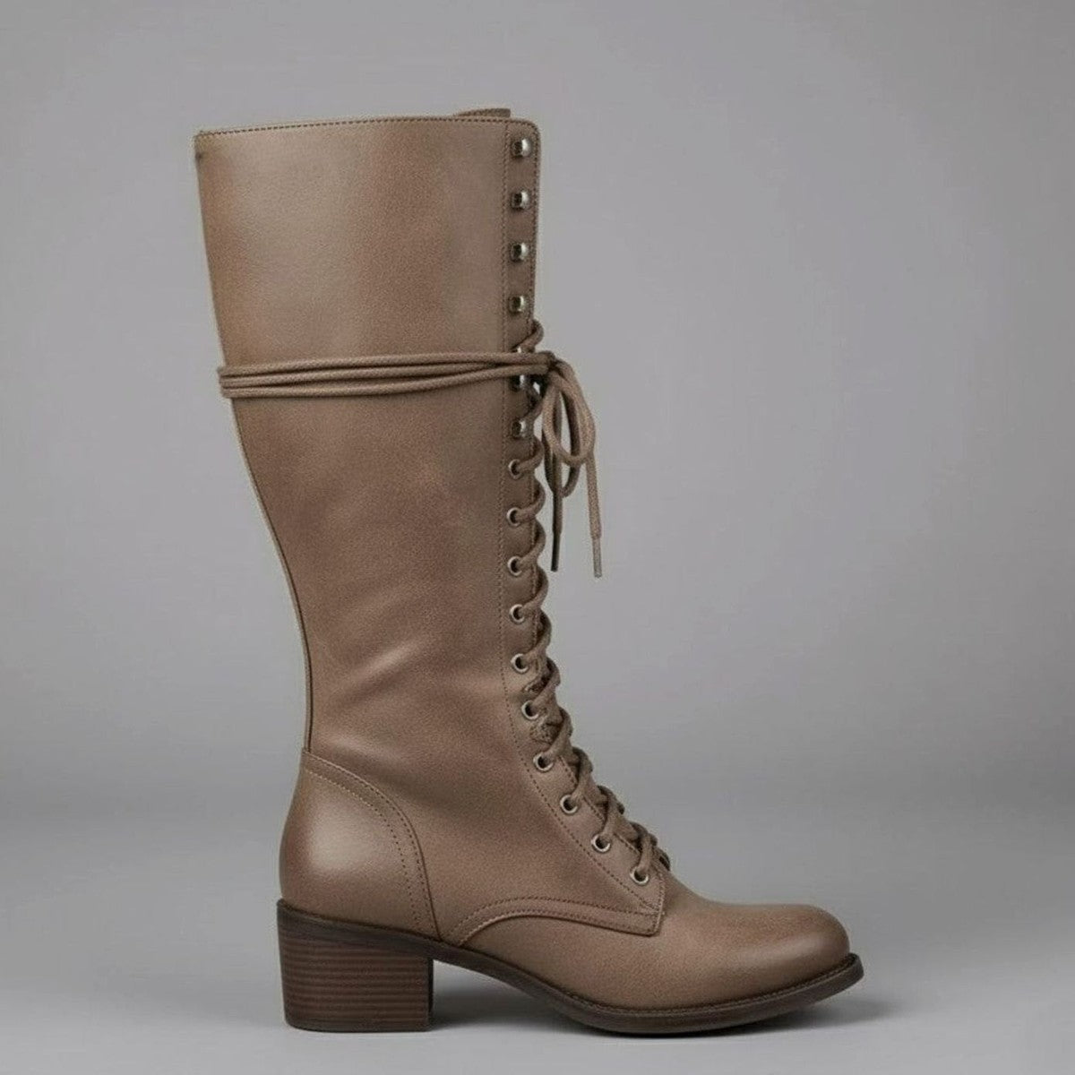 Womens Knee High Lace Up Boots with Side Zipper and Low Block Heel