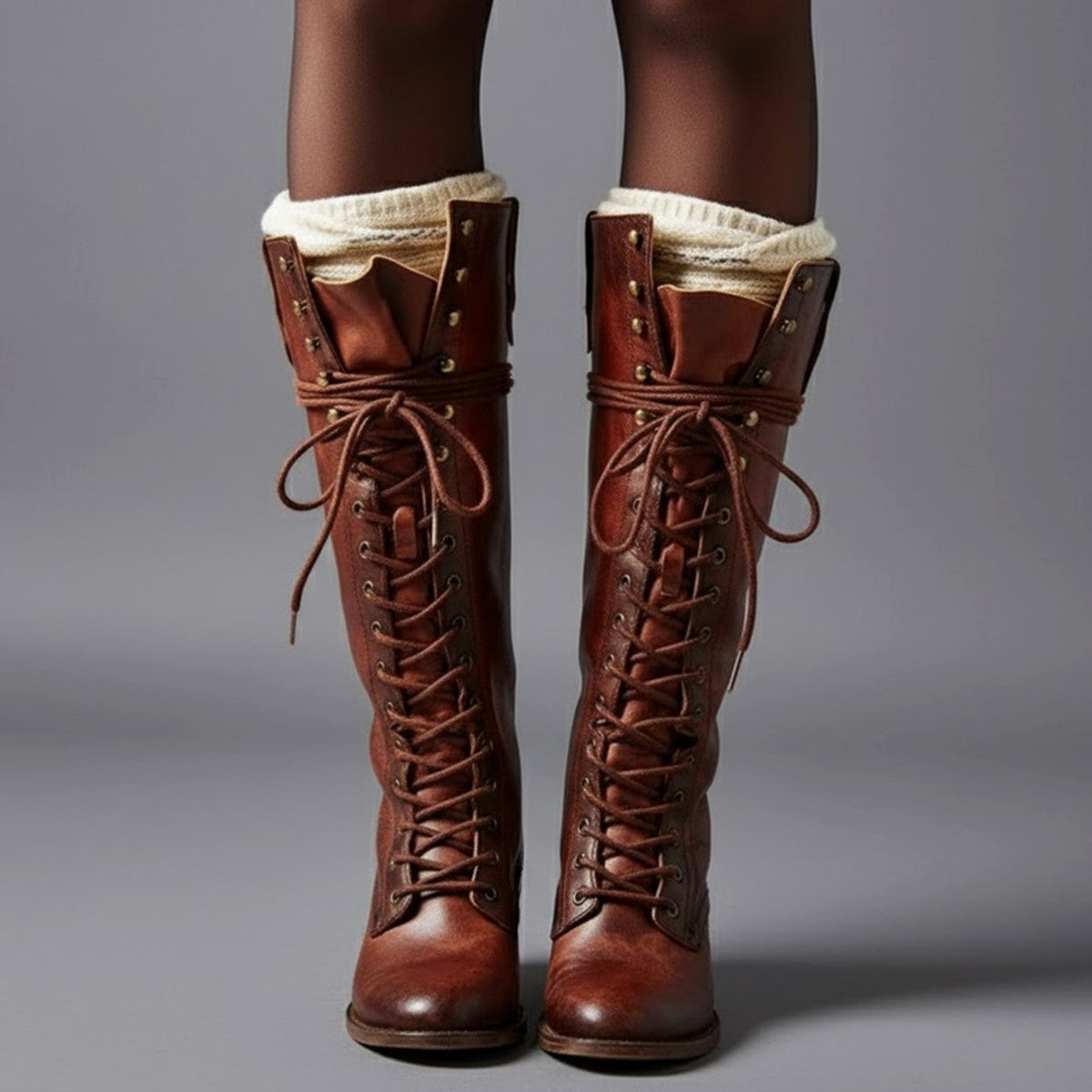 Womens Knee High Lace Up Boots with Side Zipper and Low Block Heel
