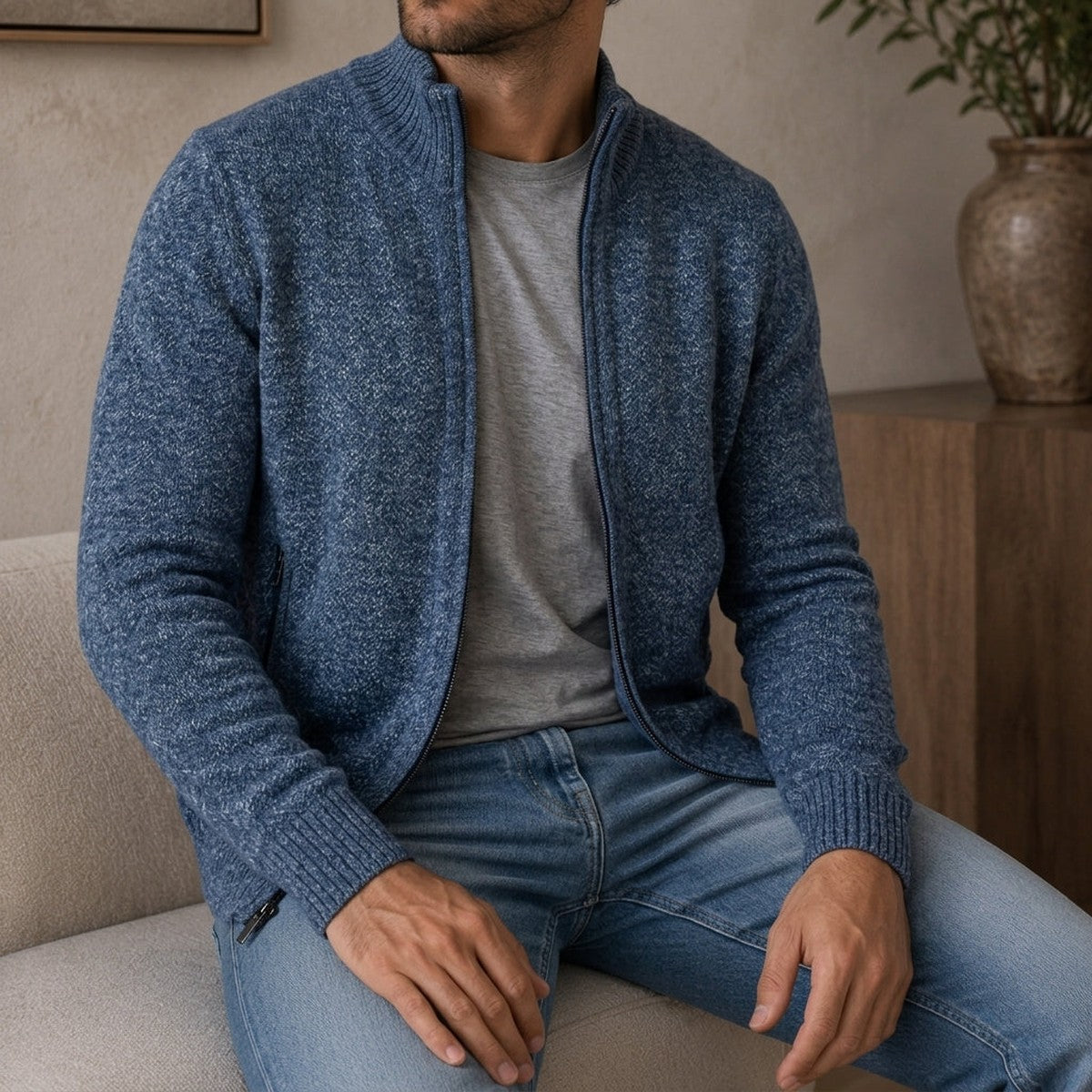 Men Casual Full Zip Knit Cardigan Sweater with Stand Collar
