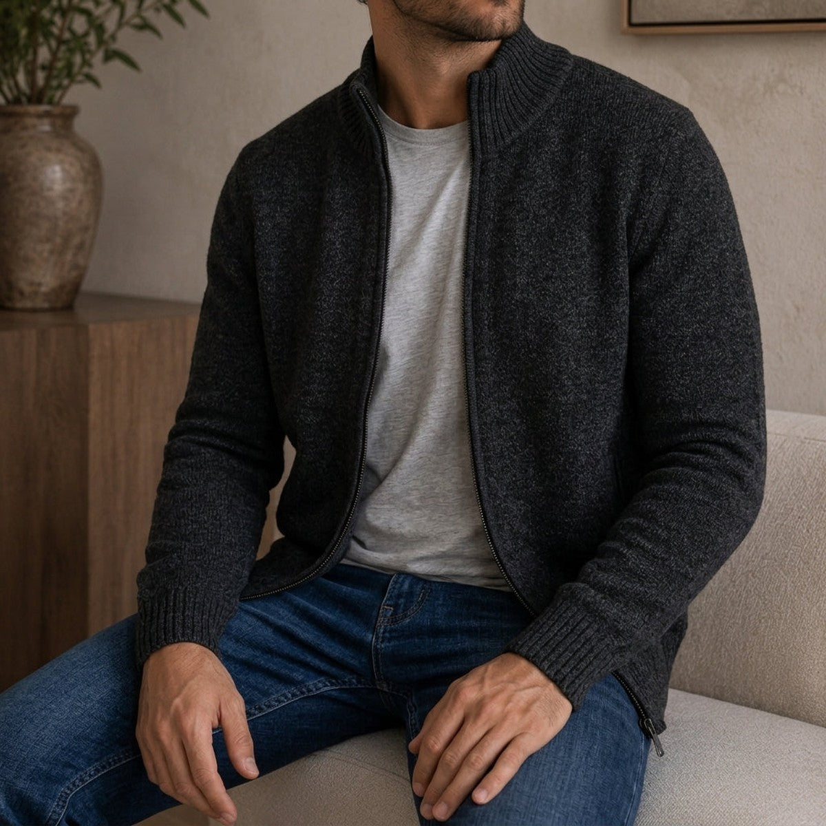 Men Casual Full Zip Knit Cardigan Sweater with Stand Collar