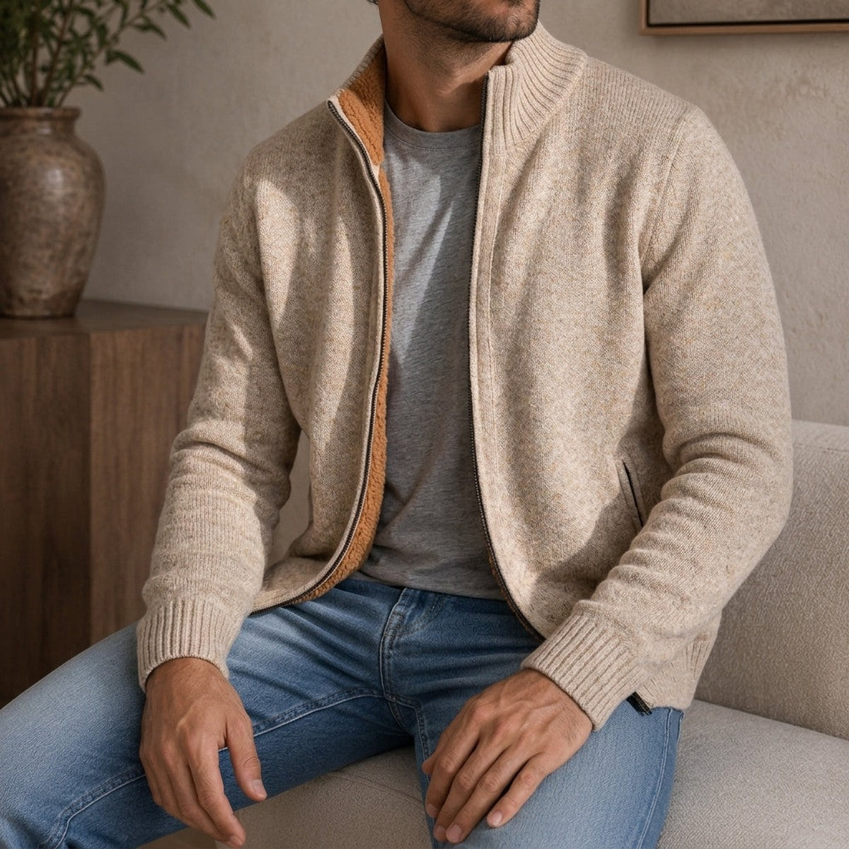 Men Casual Full Zip Knit Cardigan Sweater with Stand Collar