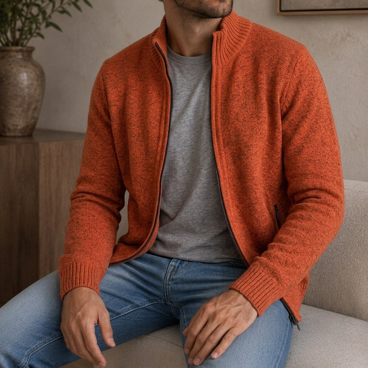 Men Casual Full Zip Knit Cardigan Sweater with Stand Collar