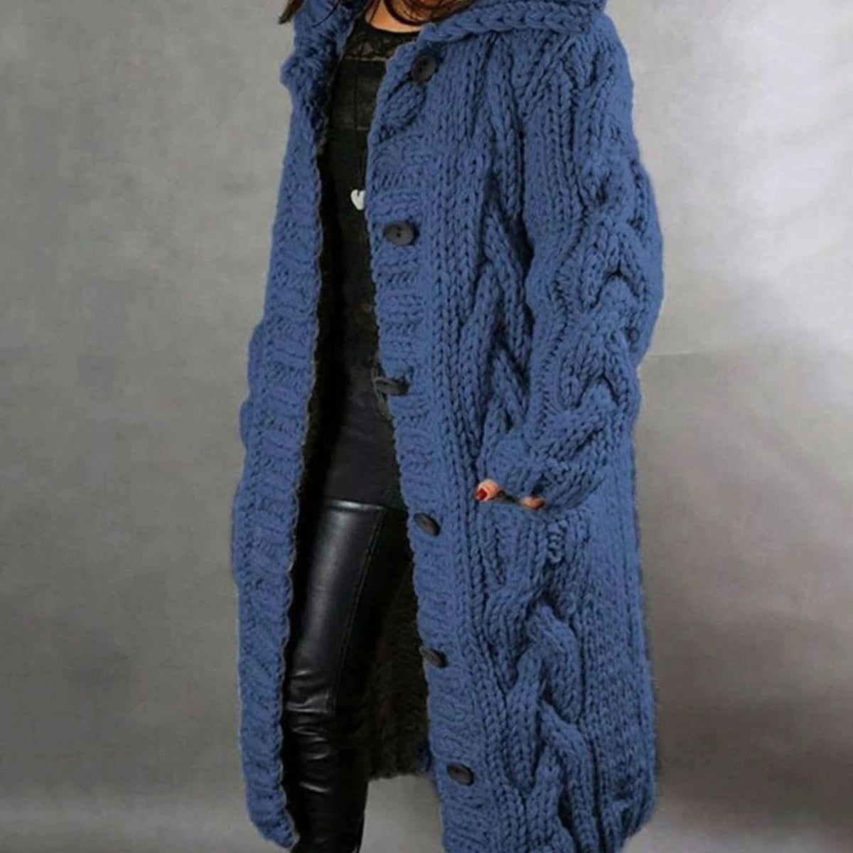 Chunky Cable Knit Long Sleeve Hooded Sweater with Front Horn Buttons