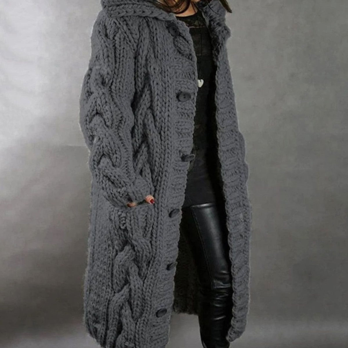 Chunky Cable Knit Long Sleeve Hooded Sweater with Front Horn Buttons