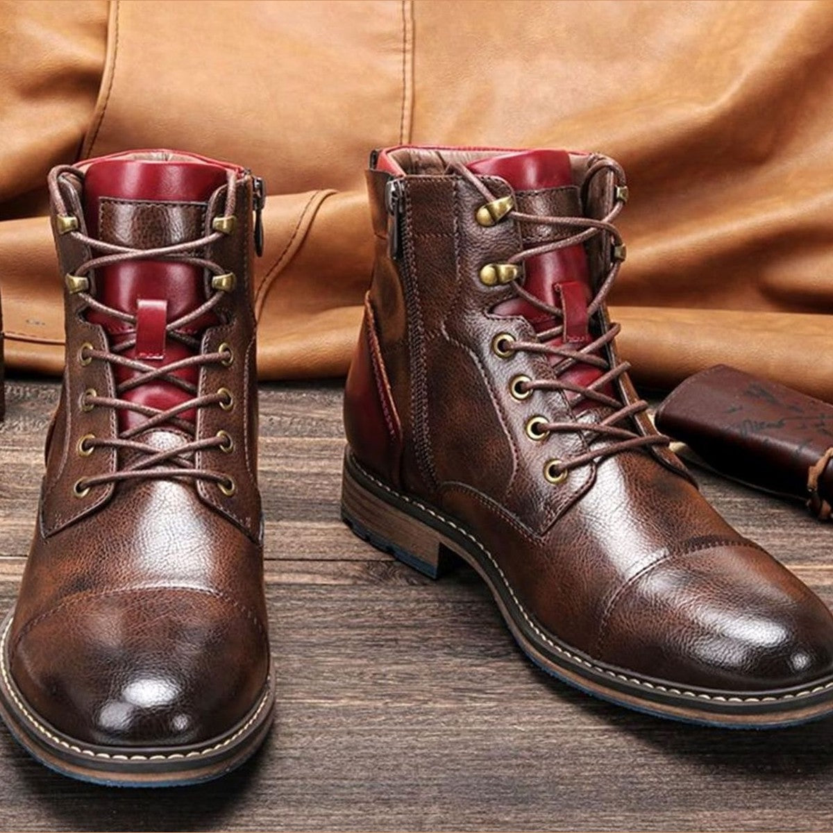 Mens Cap Toe Leather Dress Boots with Side Zipper and Lace Up Closure