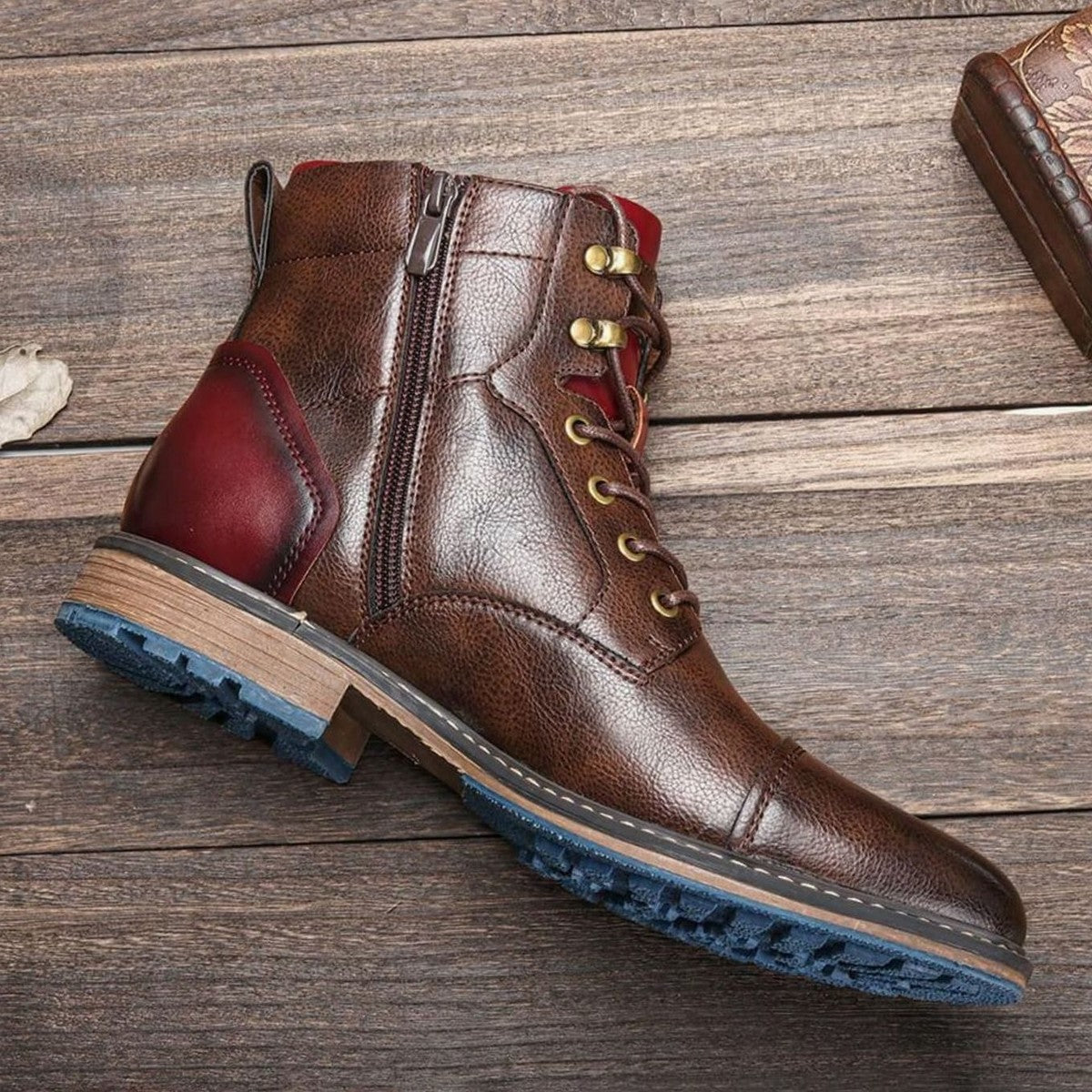 Mens Cap Toe Leather Dress Boots with Side Zipper and Lace Up Closure