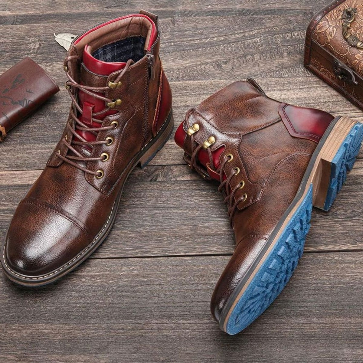 Mens Cap Toe Leather Dress Boots with Side Zipper and Lace Up Closure