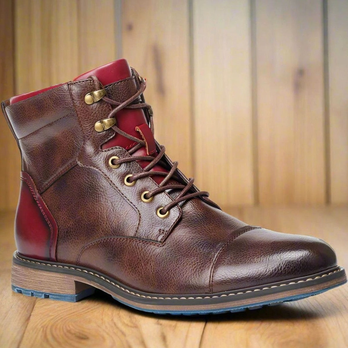 Mens Cap Toe Leather Dress Boots with Side Zipper and Lace Up Closure
