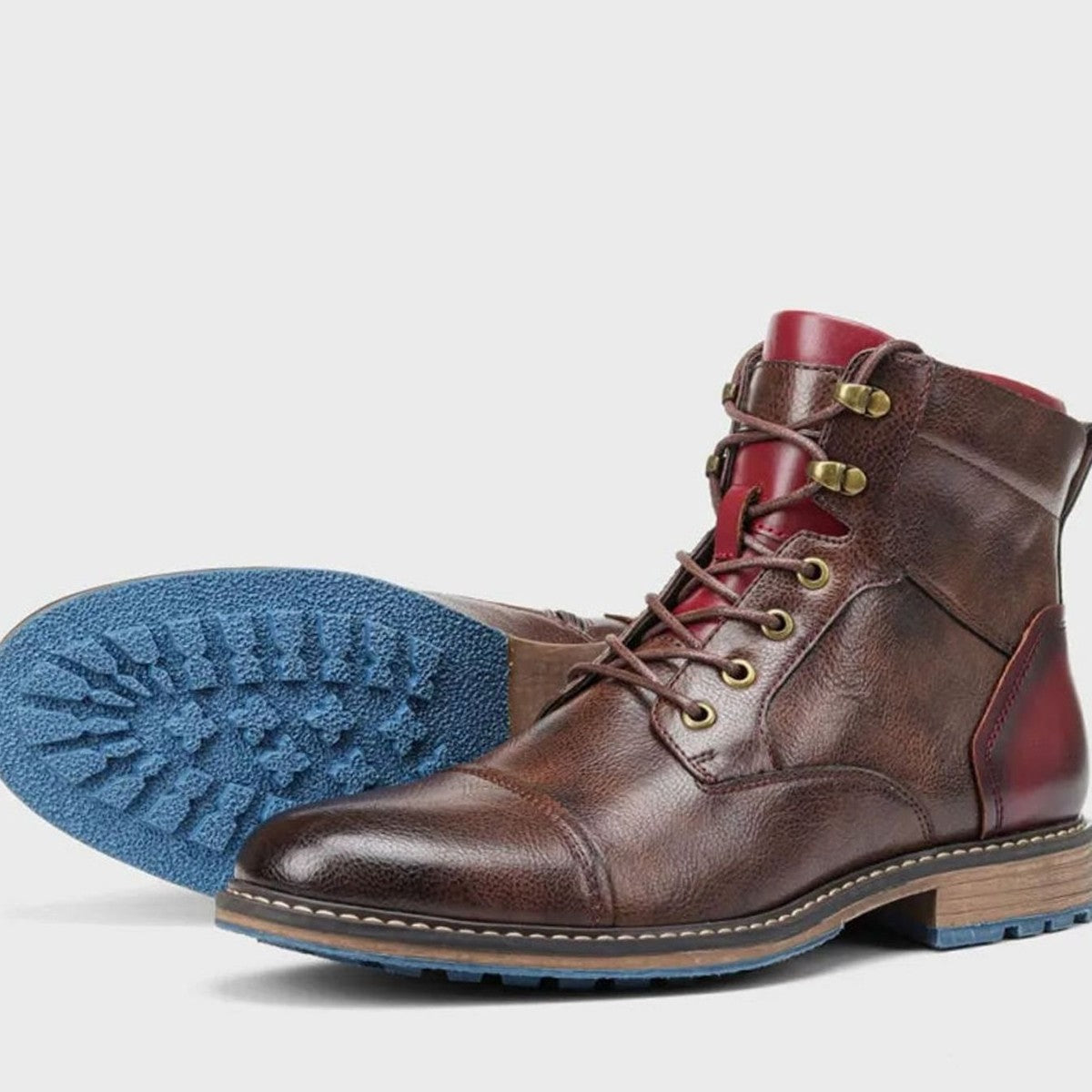 Mens Cap Toe Leather Dress Boots with Side Zipper and Lace Up Closure