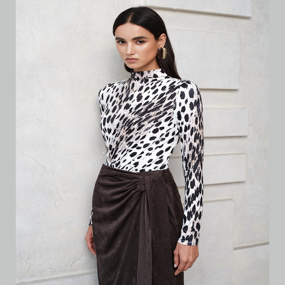 Sleeveless High Neck Bodysuit with Black and White Leopard Pattern