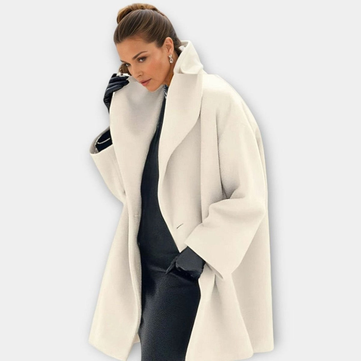Women Double Breasted Pea Coat with Wide Notched Lapel Collar and Pockets