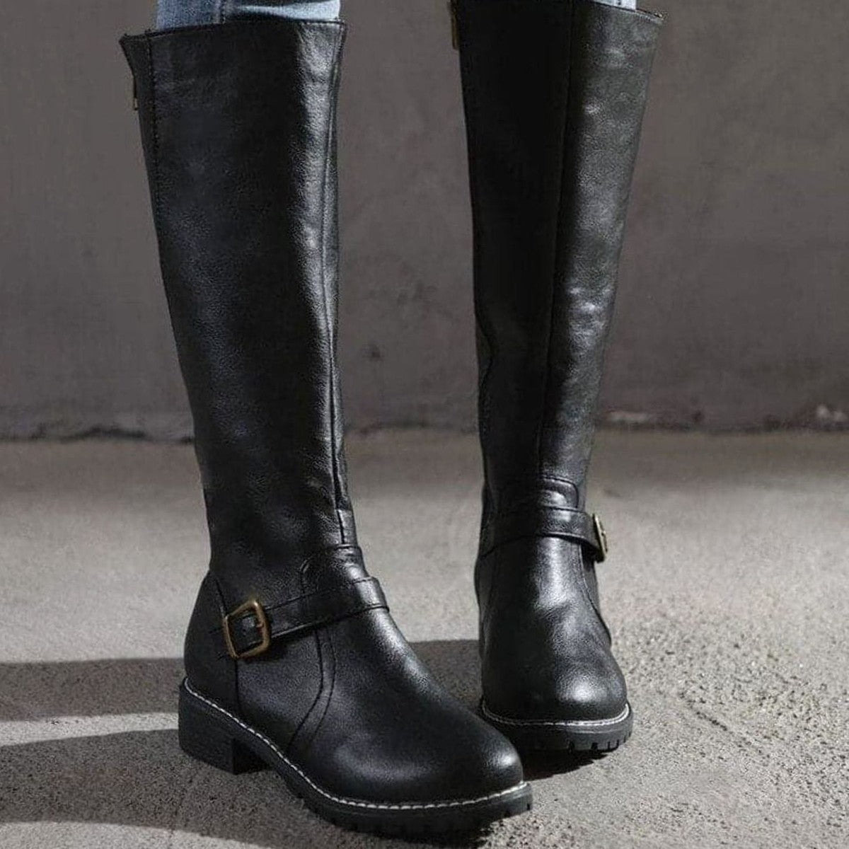 Womens Knee High Riding Boots with Side Zipper and Metal Buckle Strap
