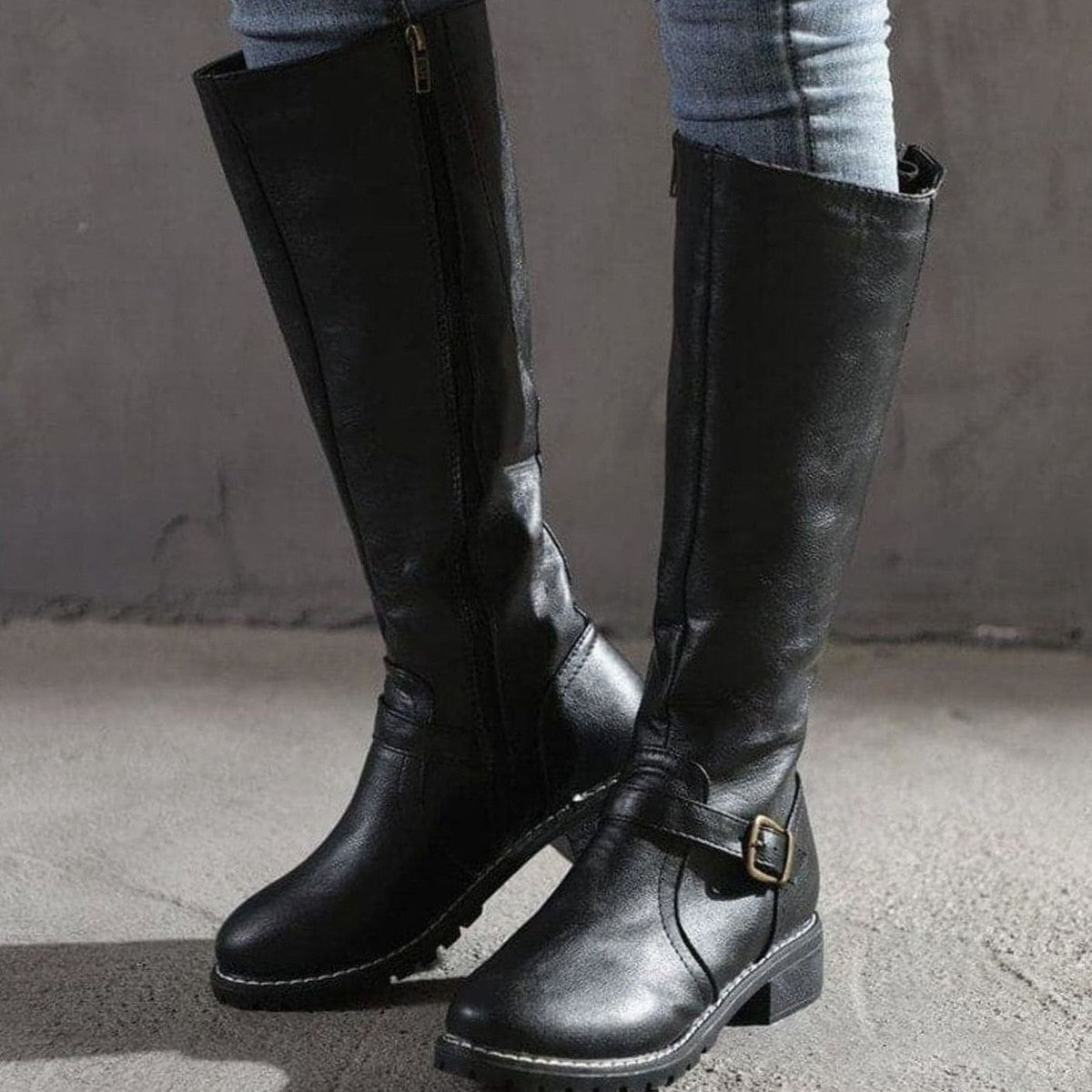 Womens Knee High Riding Boots with Side Zipper and Metal Buckle Strap