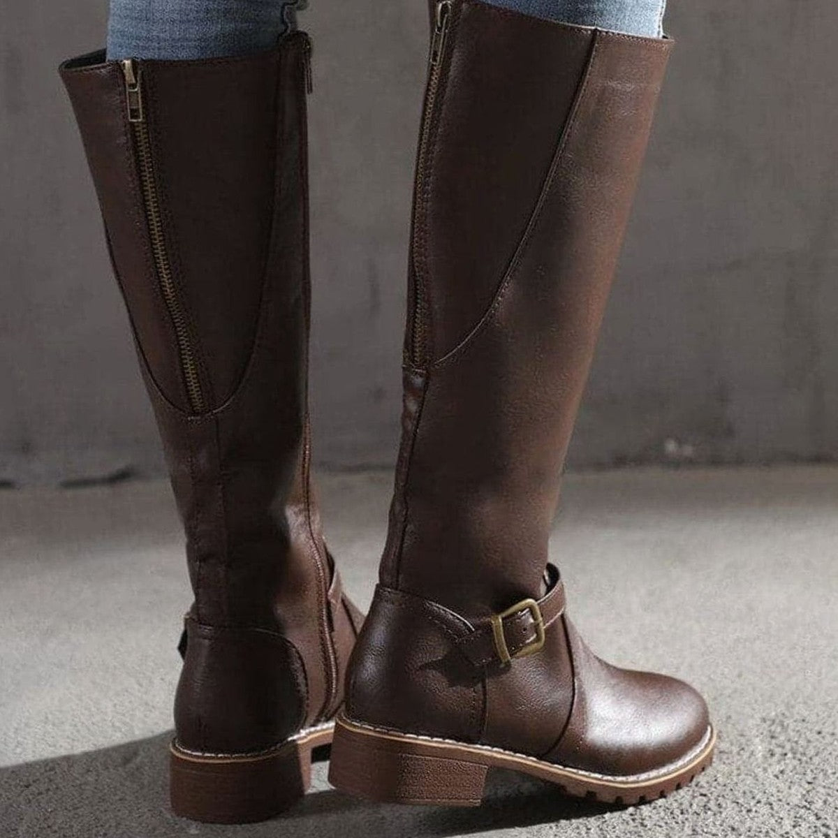 Womens Knee High Riding Boots with Side Zipper and Metal Buckle Strap