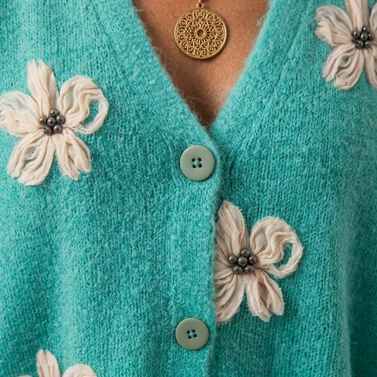 Long Sleeve Knitted Cardigan Sweater with Embroidered Floral Pattern and Button Closure