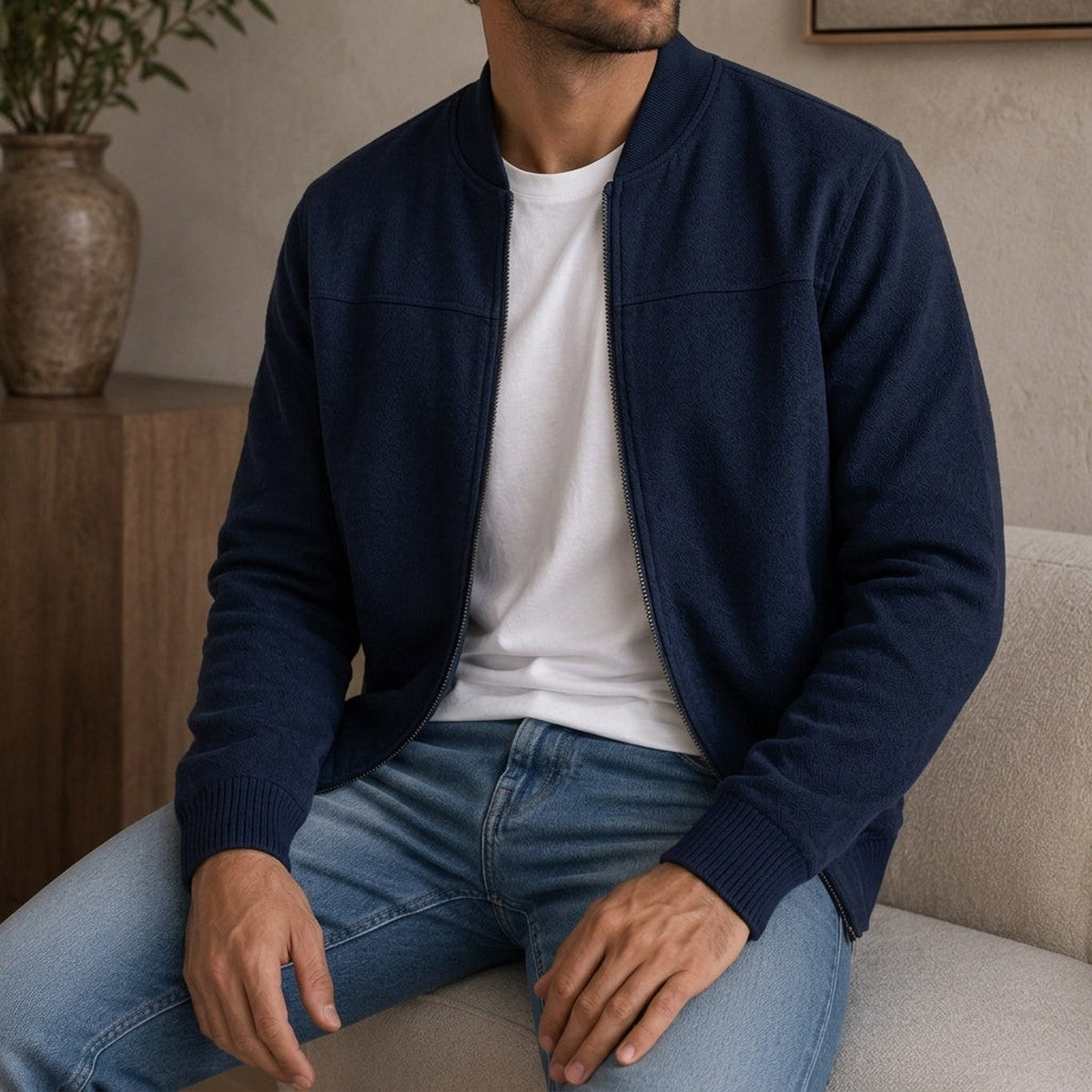 Casual Lightweight Zip Up Bomber Jacket with Ribbed Collar and Cuffs