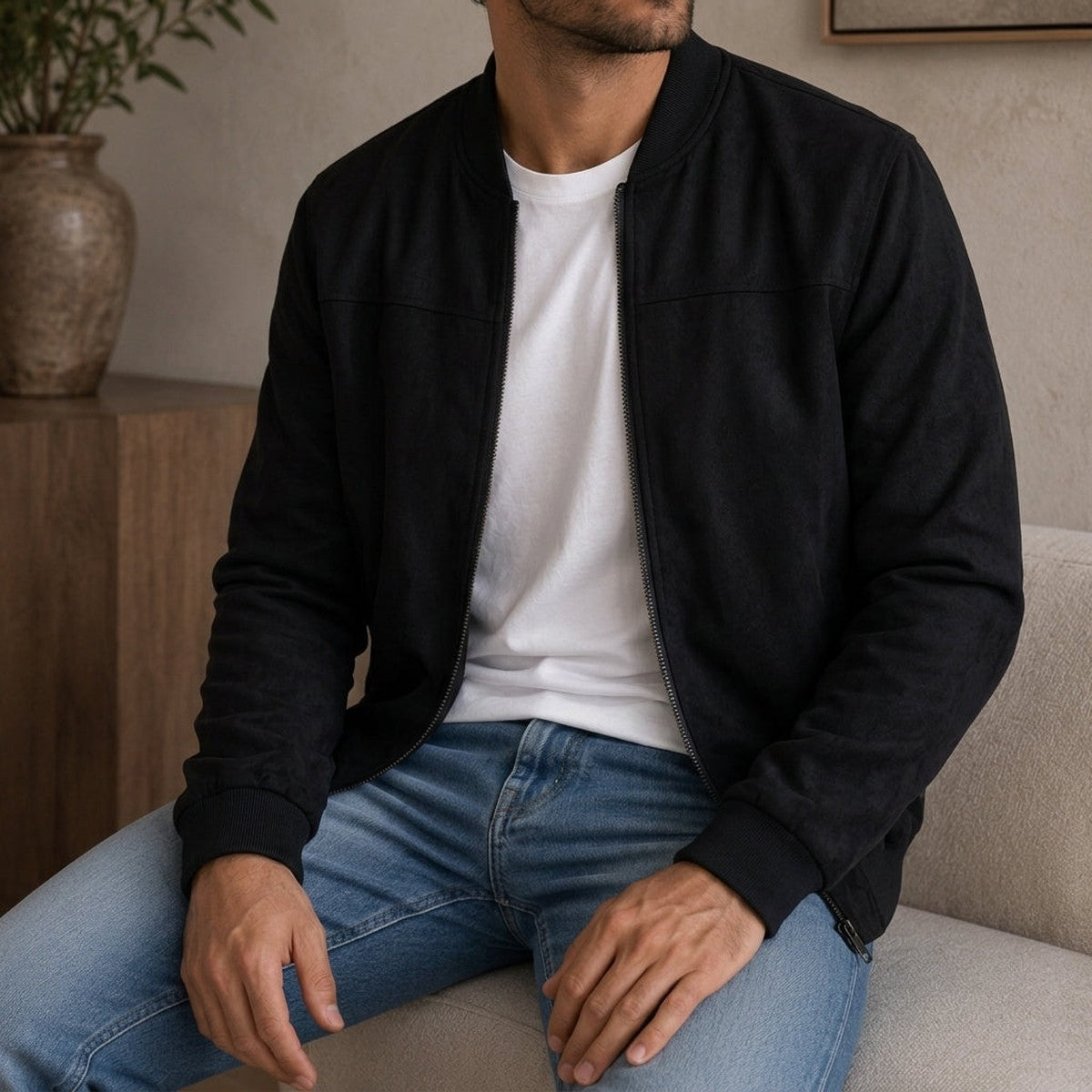 Casual Lightweight Zip Up Bomber Jacket with Ribbed Collar and Cuffs