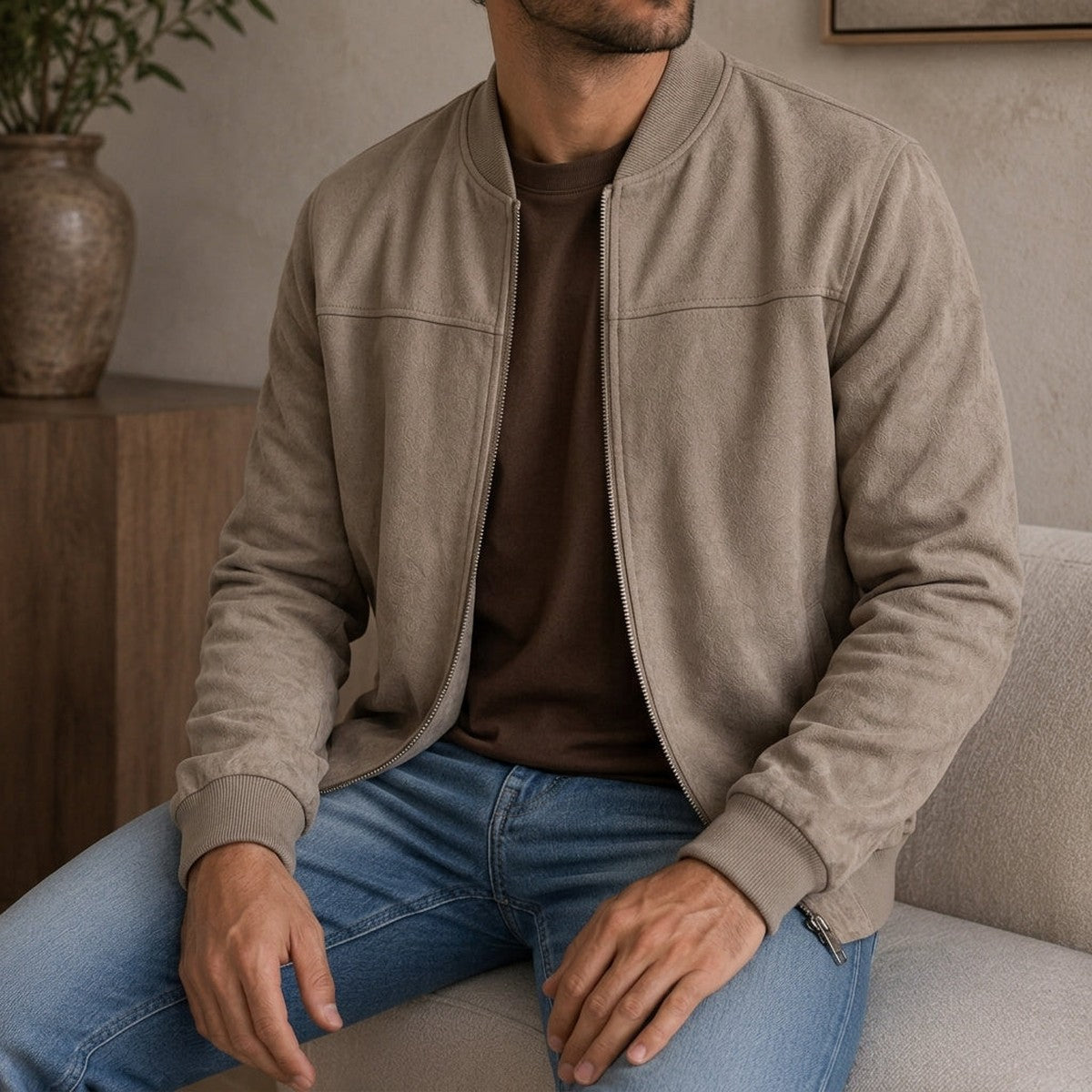 Casual Lightweight Zip Up Bomber Jacket with Ribbed Collar and Cuffs