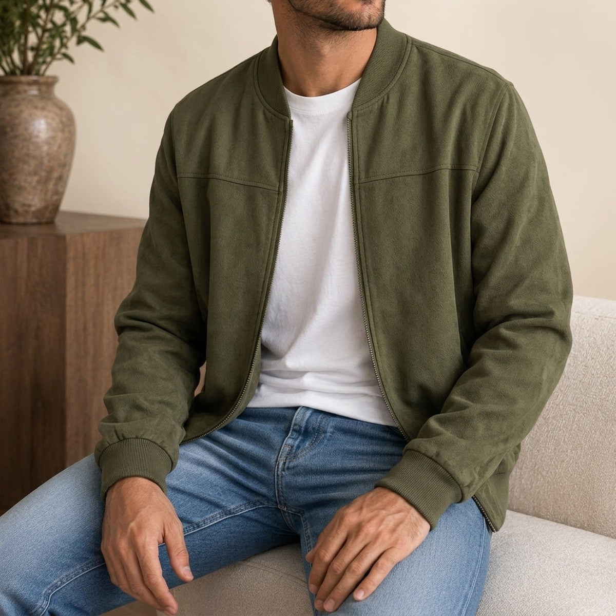 Casual Lightweight Zip Up Bomber Jacket with Ribbed Collar and Cuffs