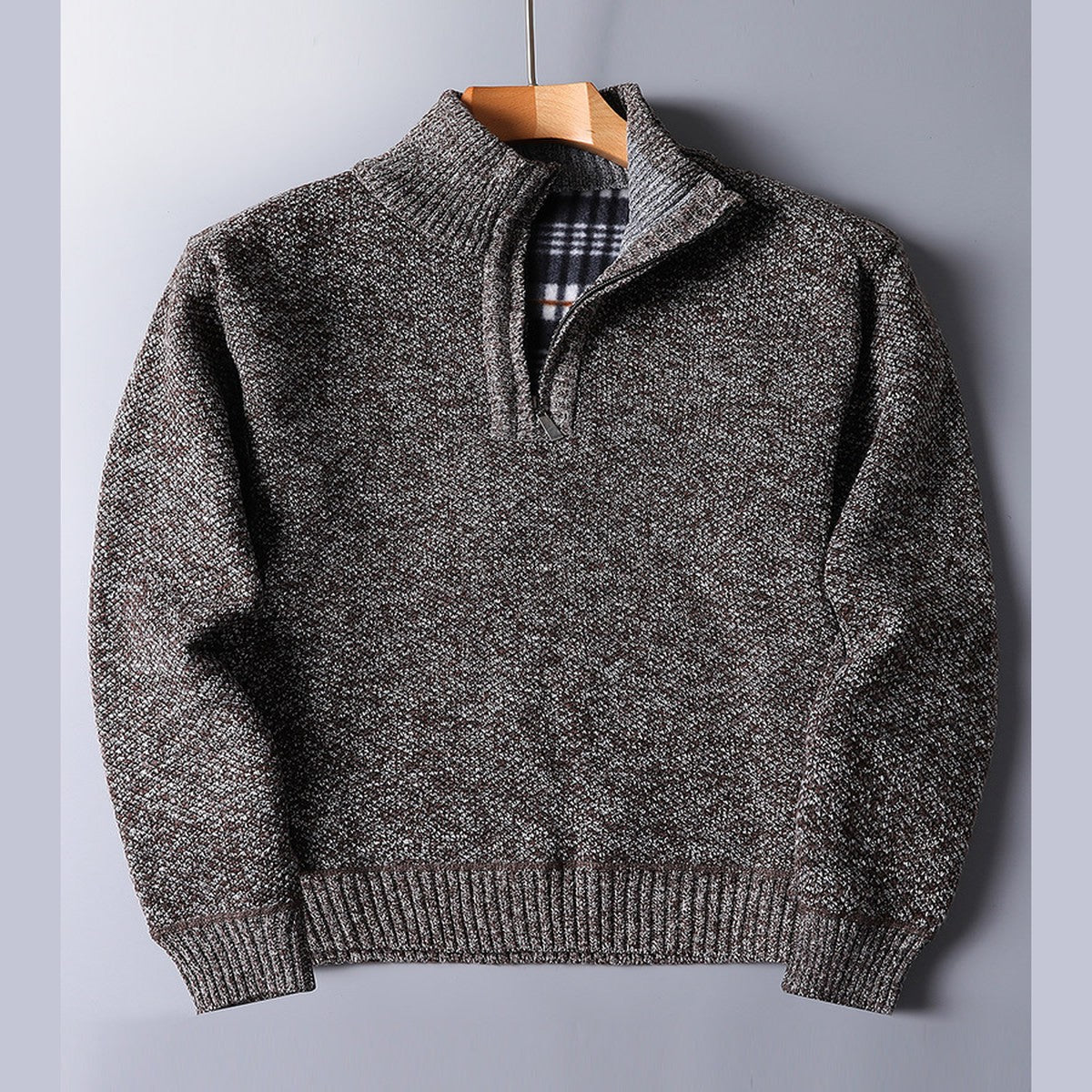 Mens Quarter Zip Knit Sweater with Mock Neck and Ribbed Texture