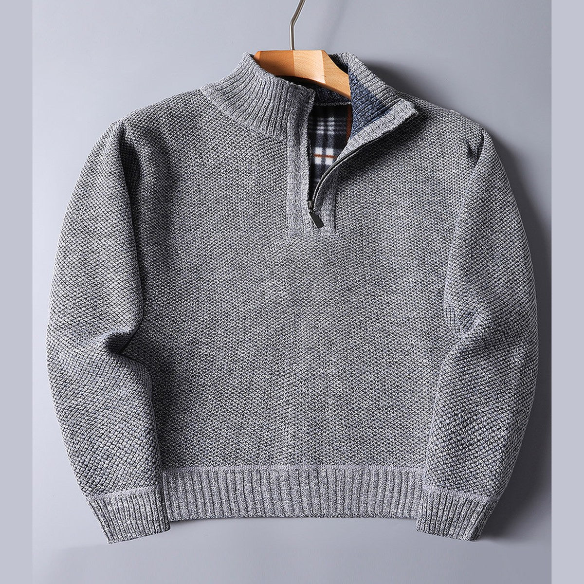 Mens Quarter Zip Knit Sweater with Mock Neck and Ribbed Texture