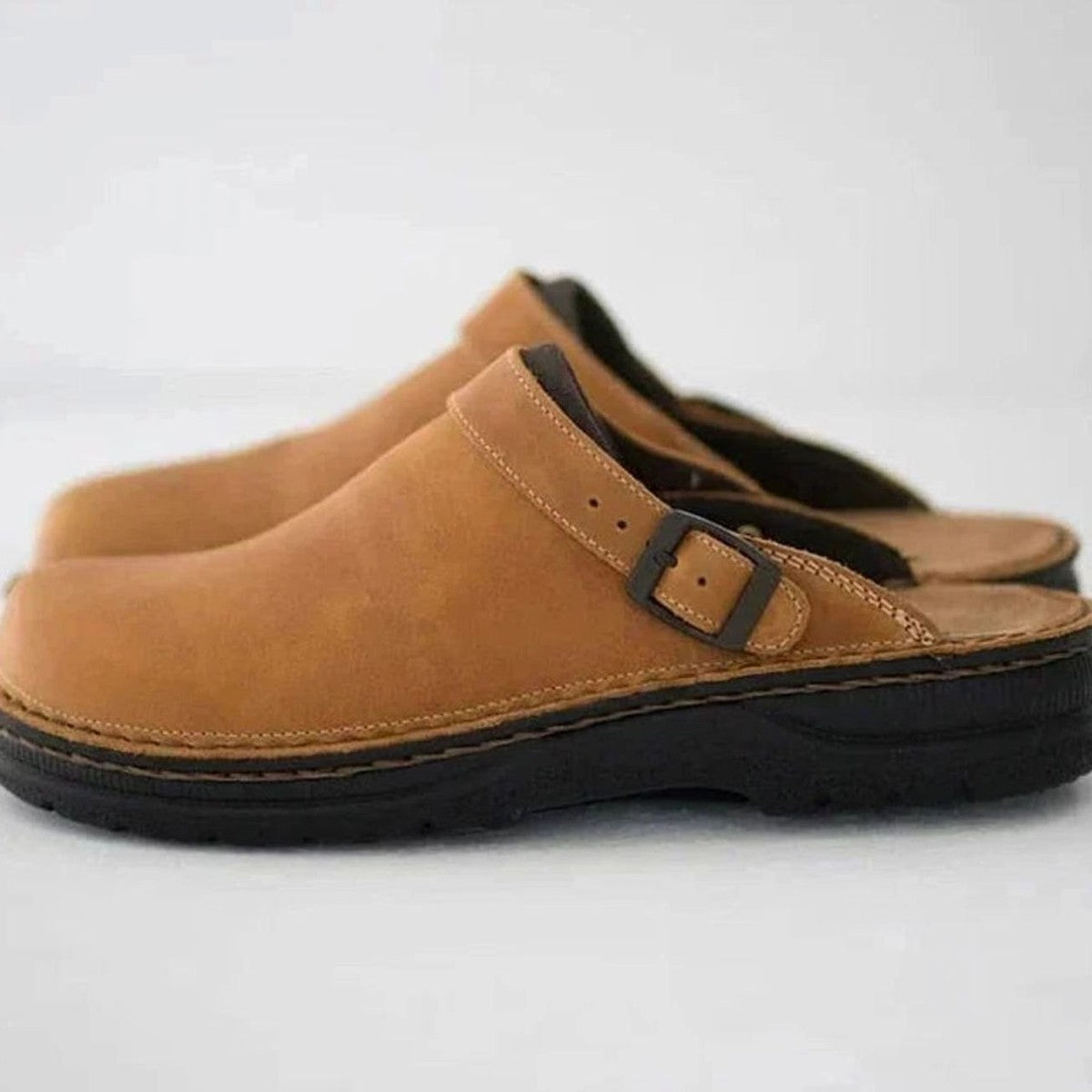 Mens Leather Slip On Clogs with Adjustable Buckle Strap, Arch Support