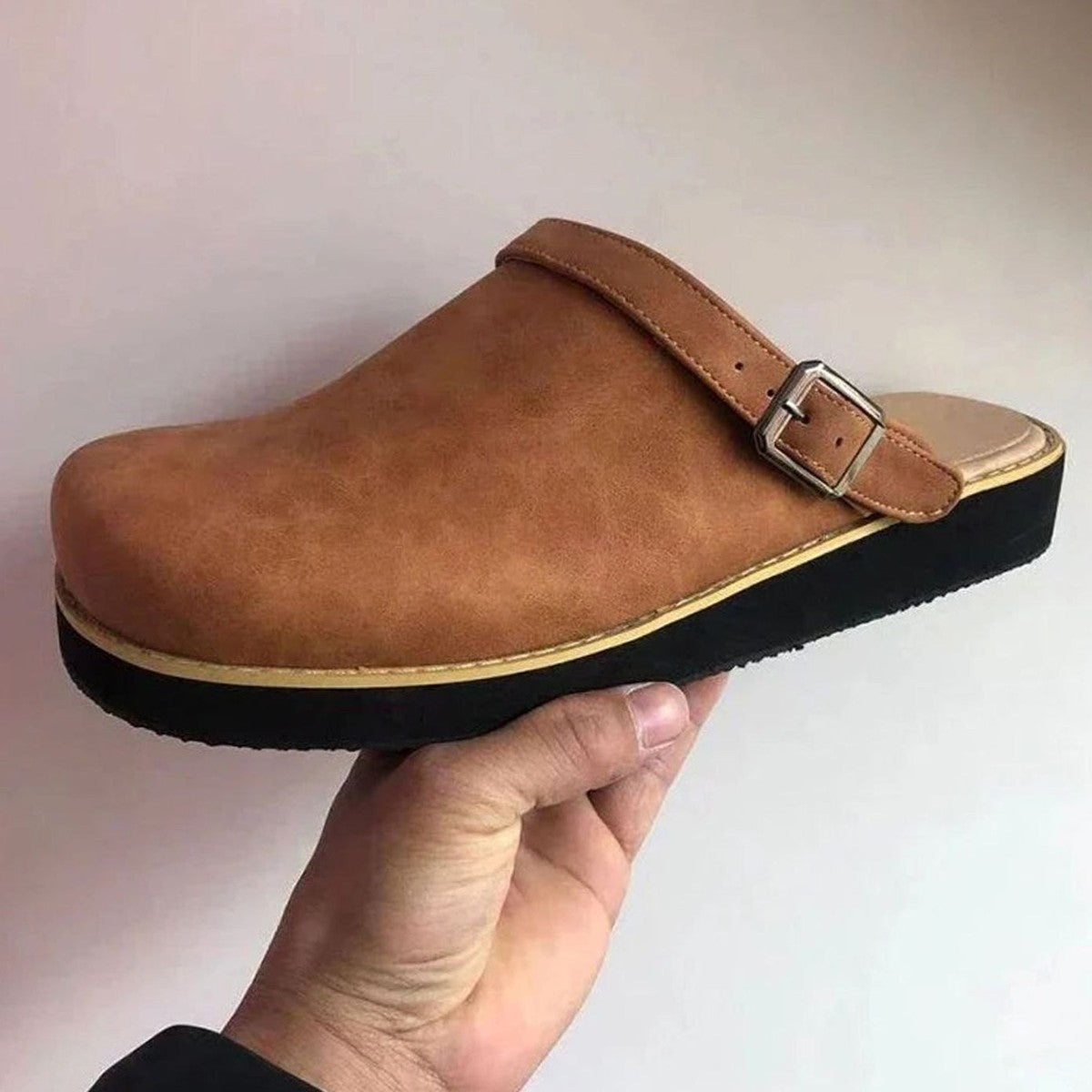 Mens Leather Slip On Clogs with Adjustable Buckle Strap, Arch Support