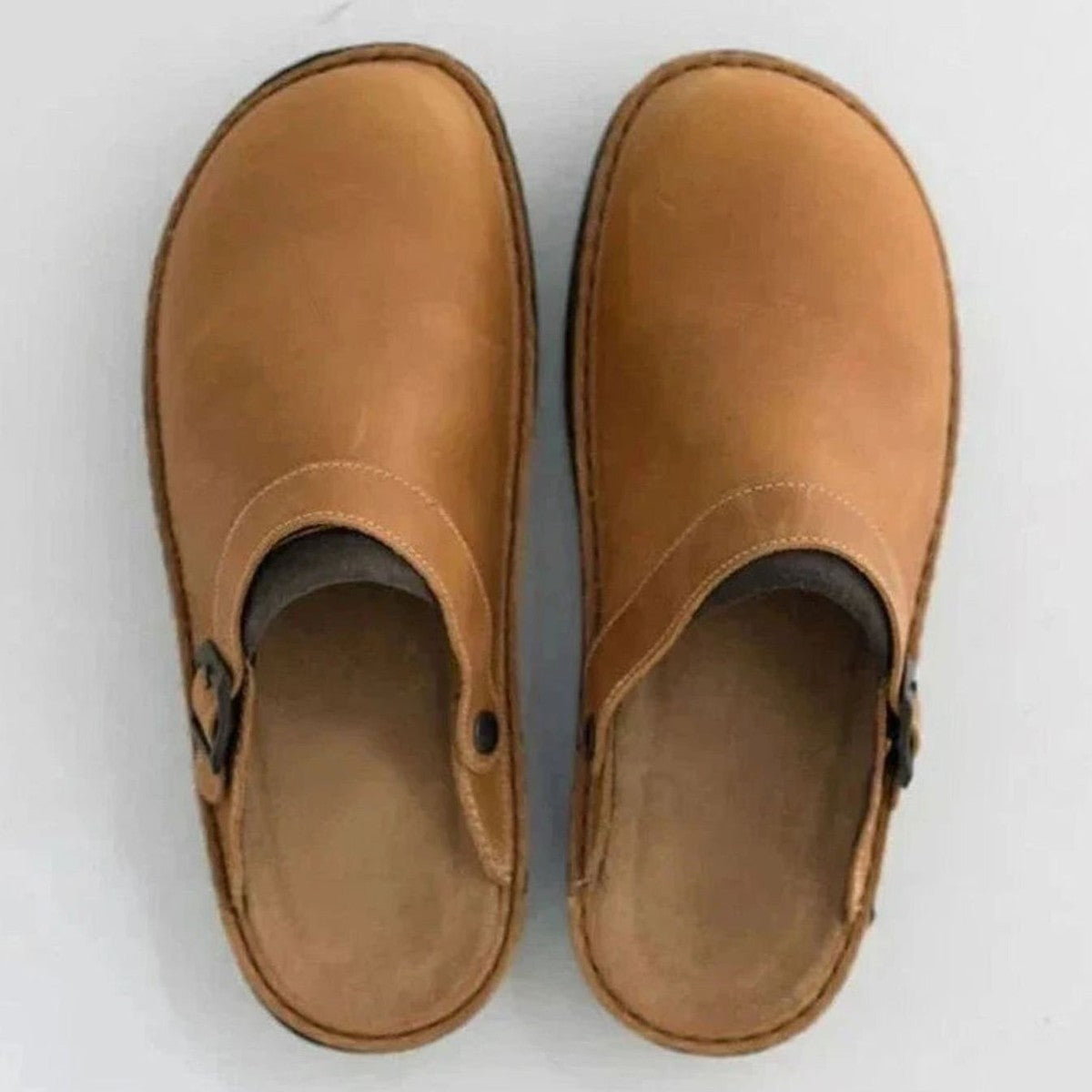 Mens Leather Slip On Clogs with Adjustable Buckle Strap, Arch Support