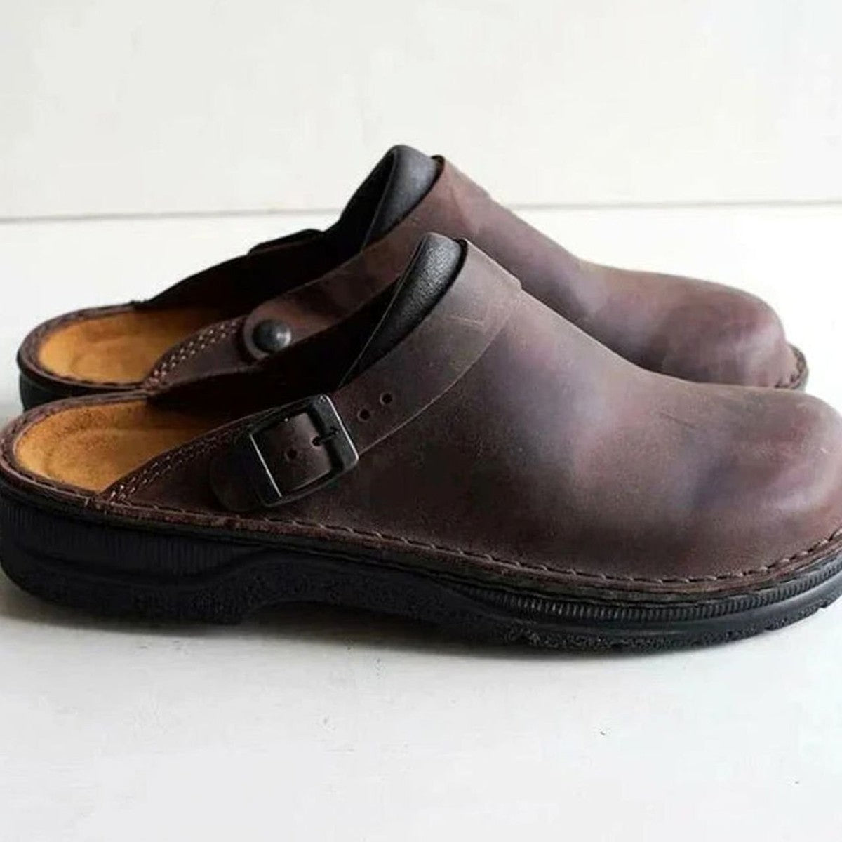 Mens Leather Slip On Clogs with Adjustable Buckle Strap, Arch Support
