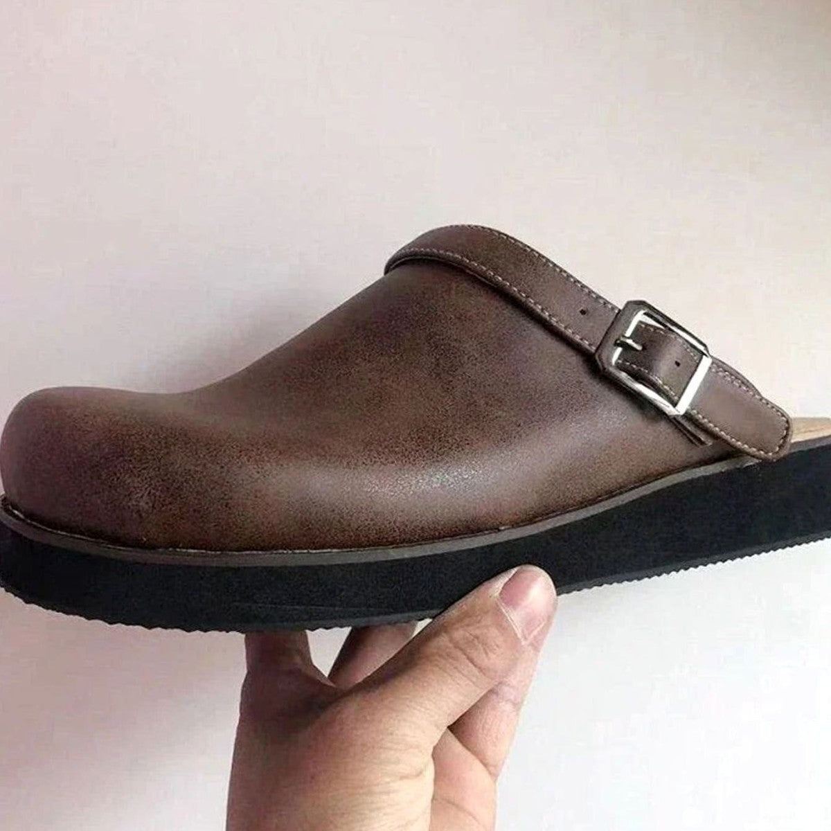 Mens Leather Slip On Clogs with Adjustable Buckle Strap, Arch Support