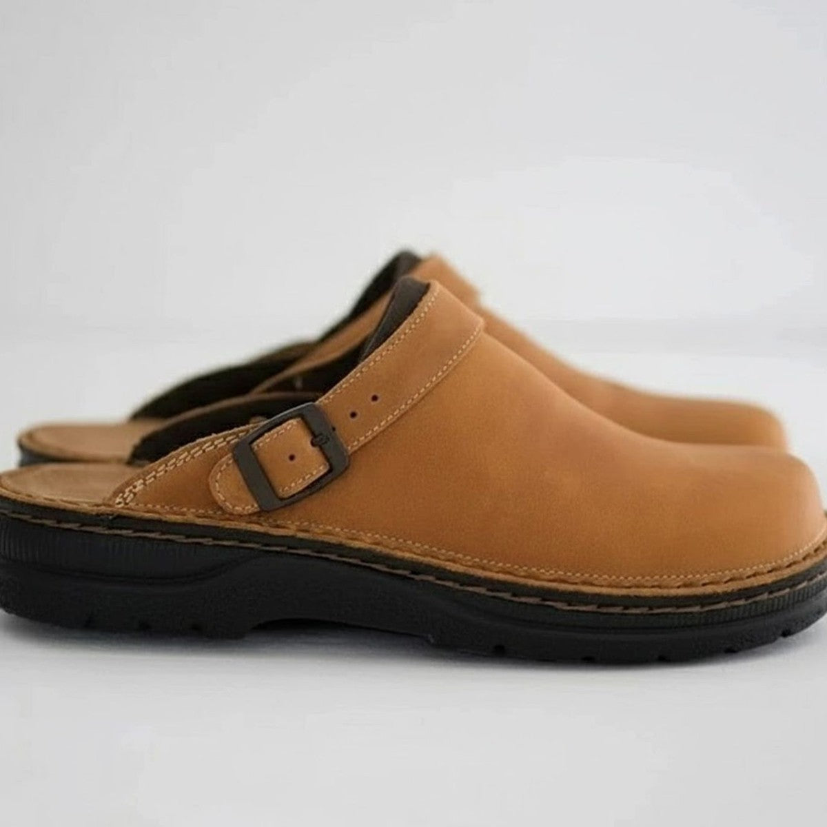Mens Leather Slip On Clogs with Adjustable Buckle Strap, Arch Support