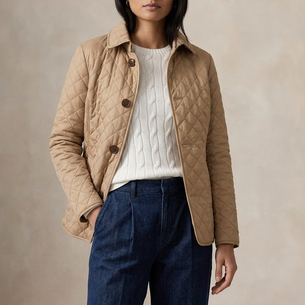 Quilted Puffer Jacket for Women with Snap Button Closure and Flap Pockets