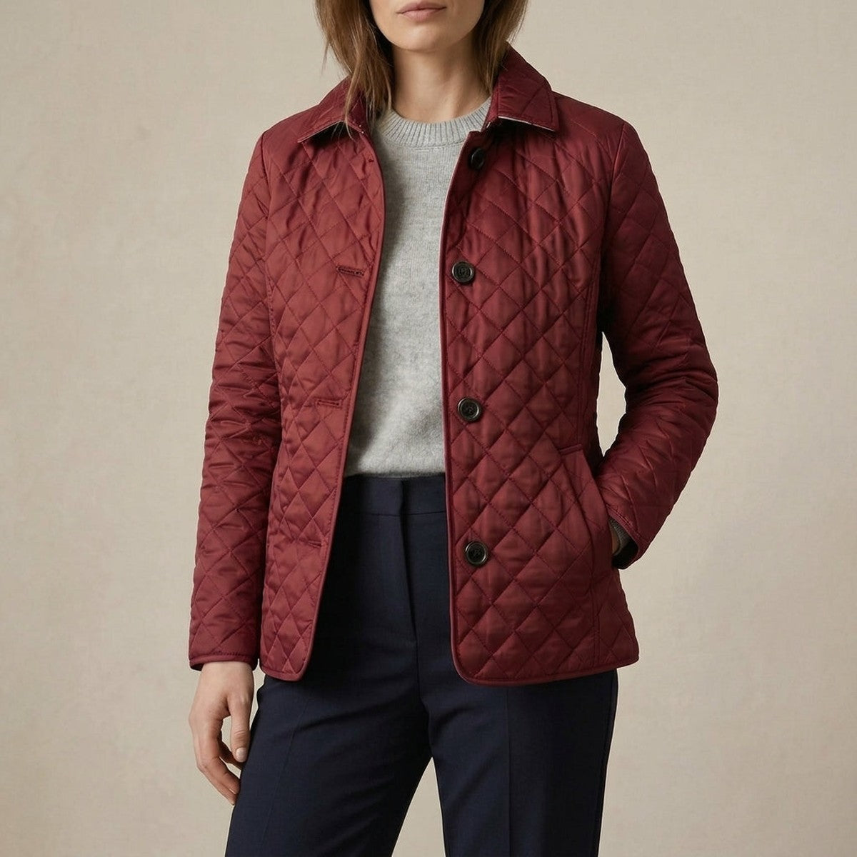 Quilted Puffer Jacket for Women with Snap Button Closure and Flap Pockets