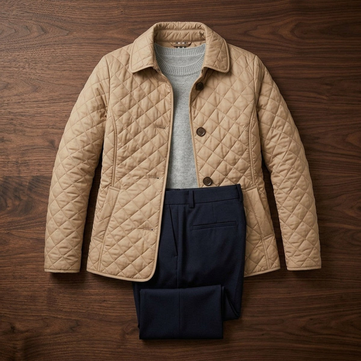 Quilted Puffer Jacket for Women with Snap Button Closure and Flap Pockets
