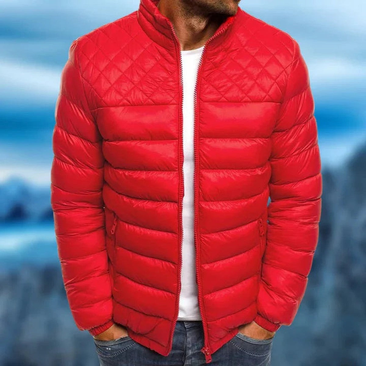 Mens Quilted Puffer Coat with Stand Collar for Cold Weather