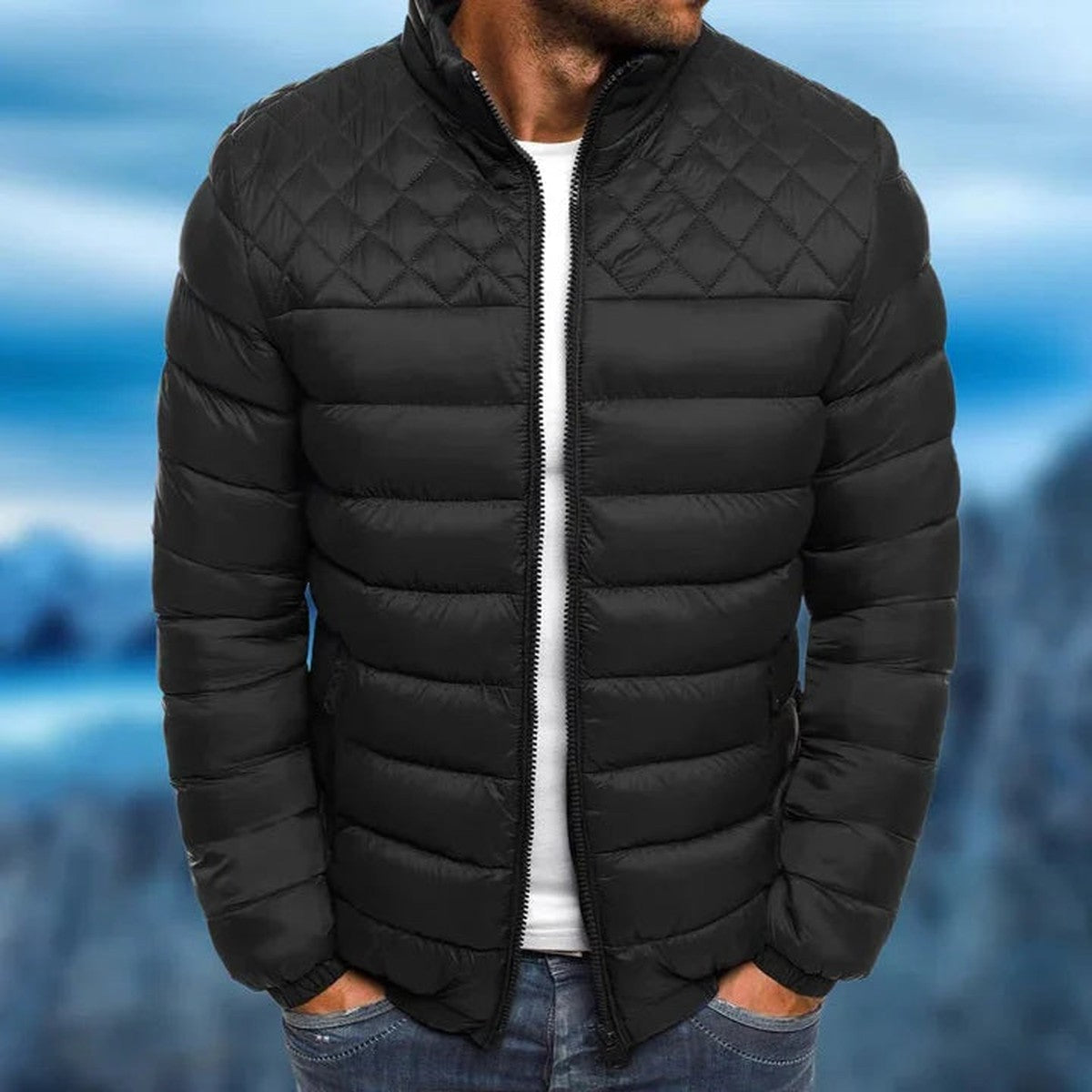 Mens Quilted Puffer Coat with Stand Collar for Cold Weather
