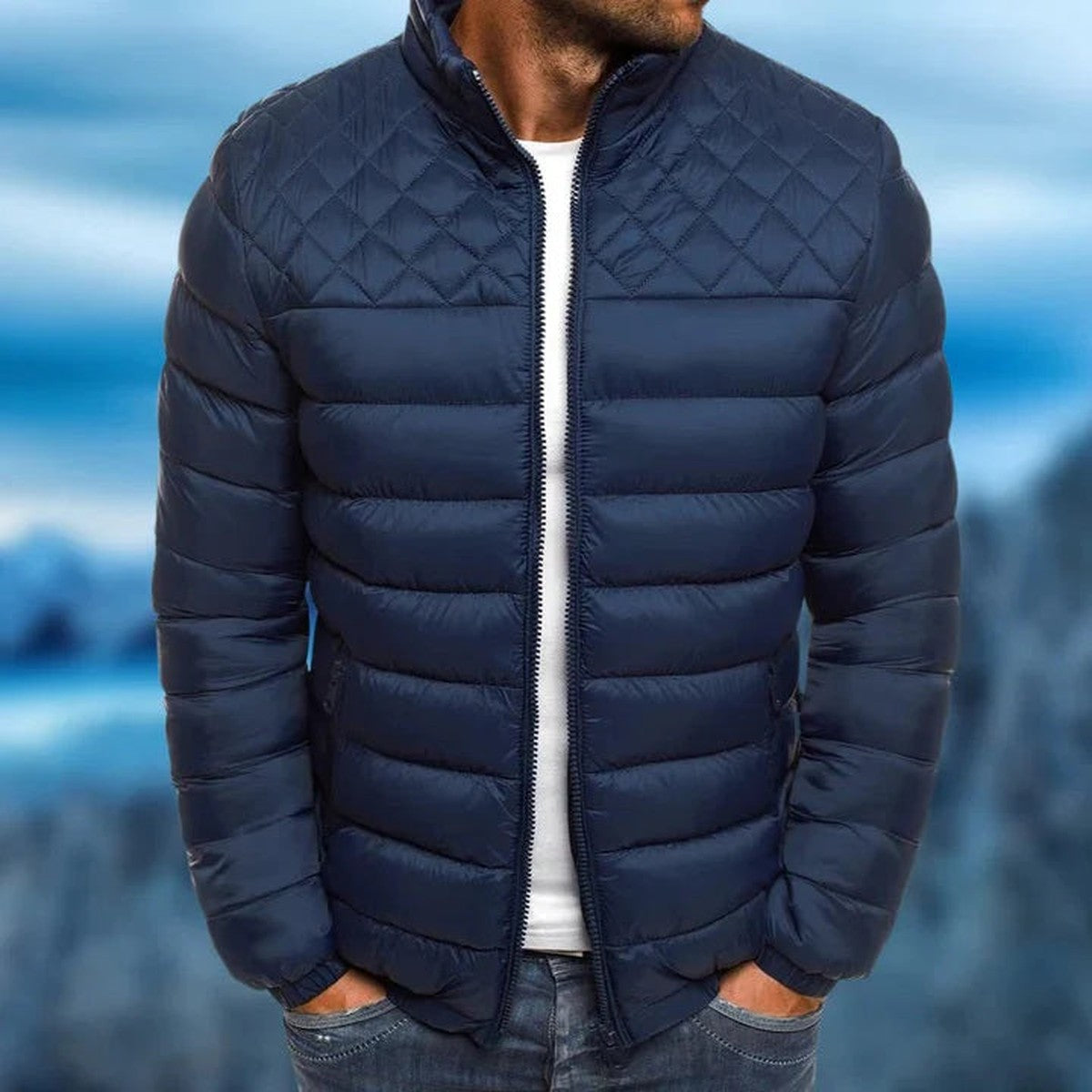 Mens Quilted Puffer Coat with Stand Collar for Cold Weather
