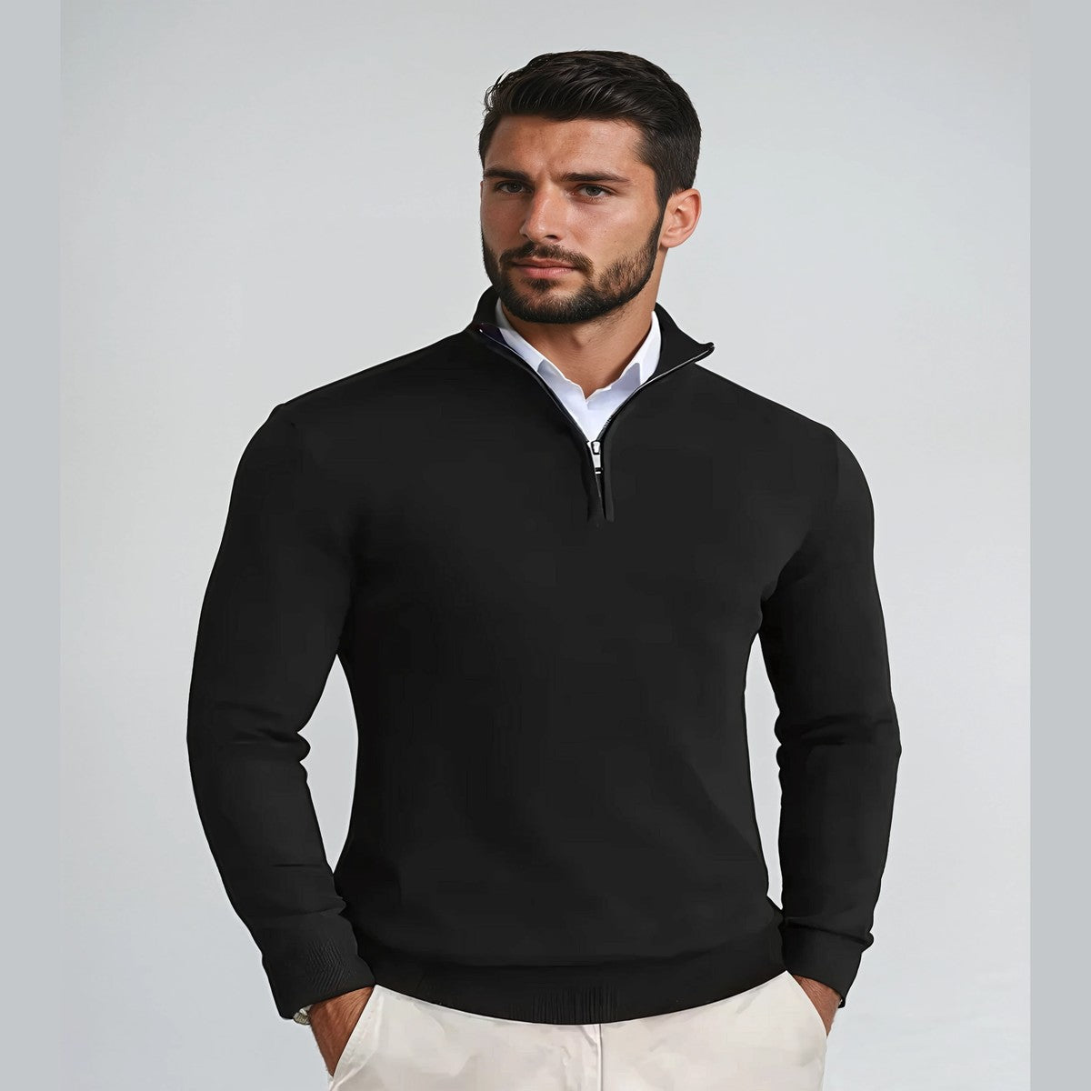 Mens Knitted Pullover Sweater with Quarter Zip and Ribbed Cuffs