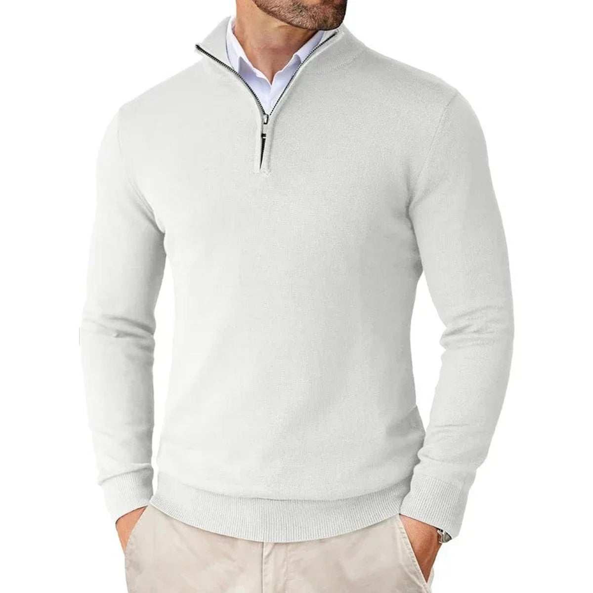 Mens Knitted Pullover Sweater with Quarter Zip and Ribbed Cuffs