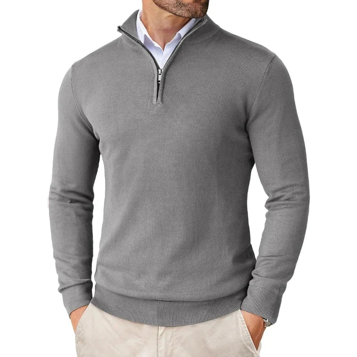 Mens Knitted Pullover Sweater with Quarter Zip and Ribbed Cuffs