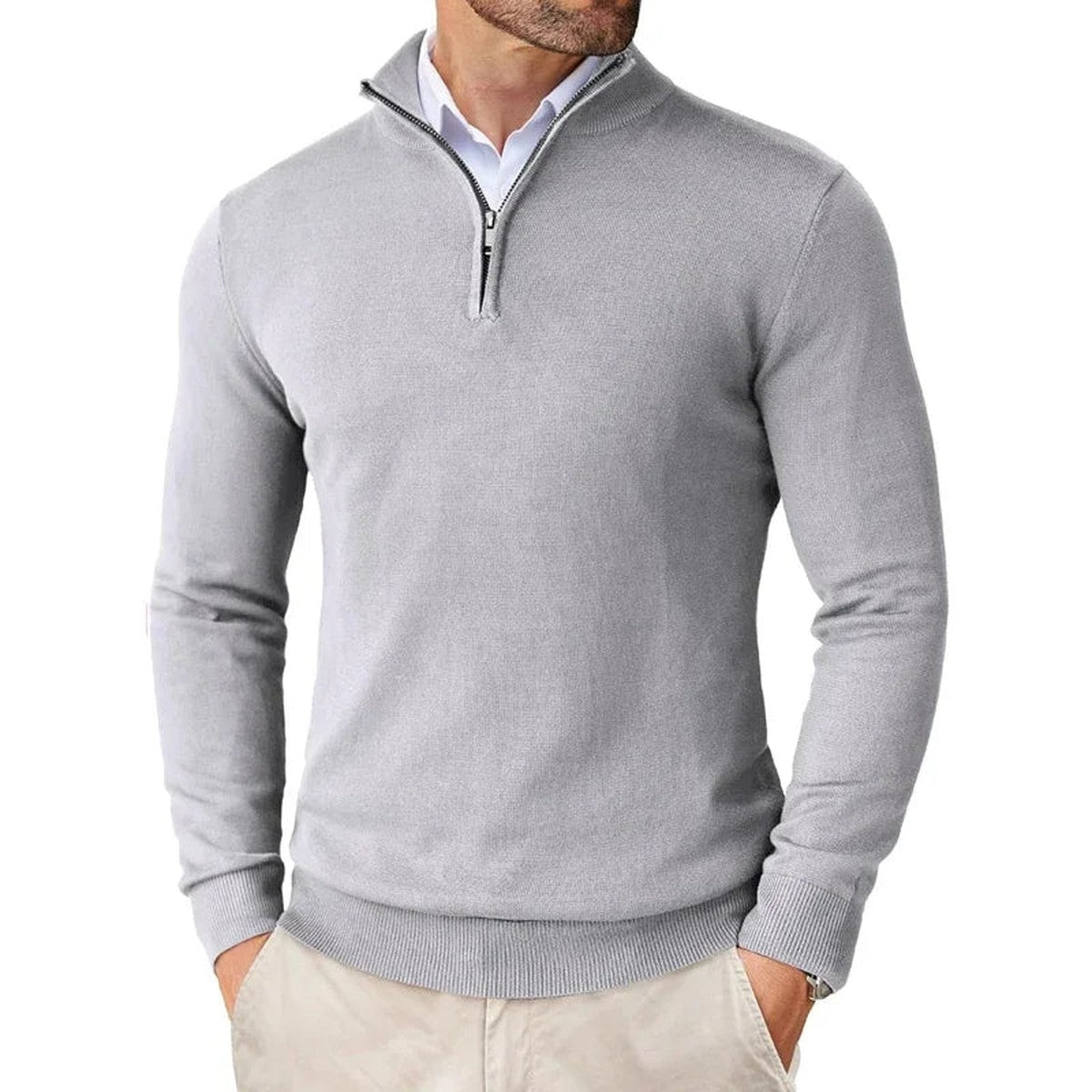 Mens Knitted Pullover Sweater with Quarter Zip and Ribbed Cuffs