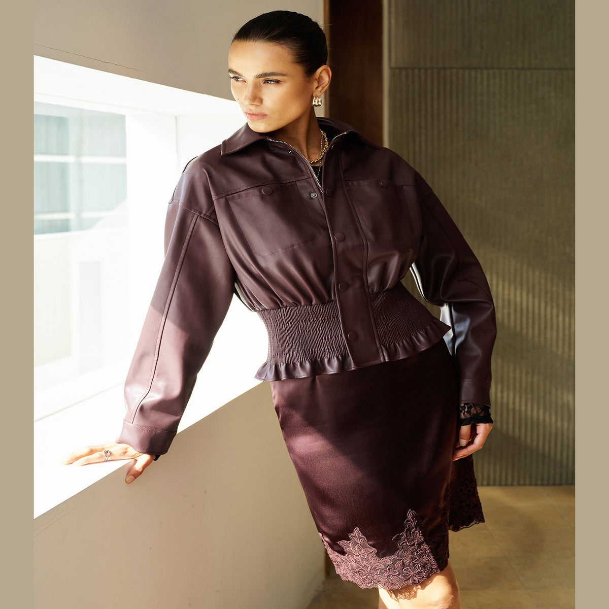 Chocolate Brown PU Leather Jacket with Smocked Waist and Zip Front