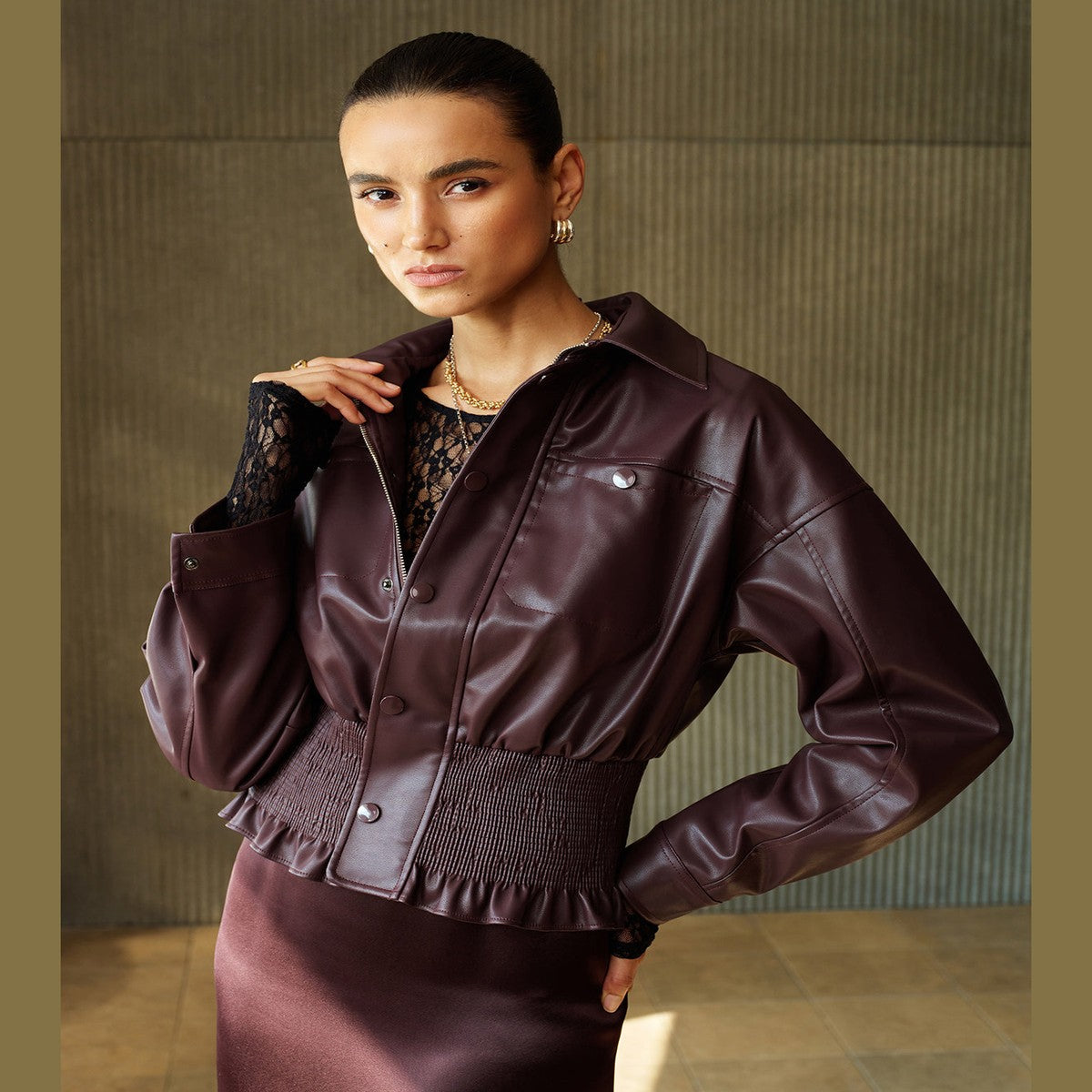 Chocolate Brown PU Leather Jacket with Smocked Waist and Zip Front