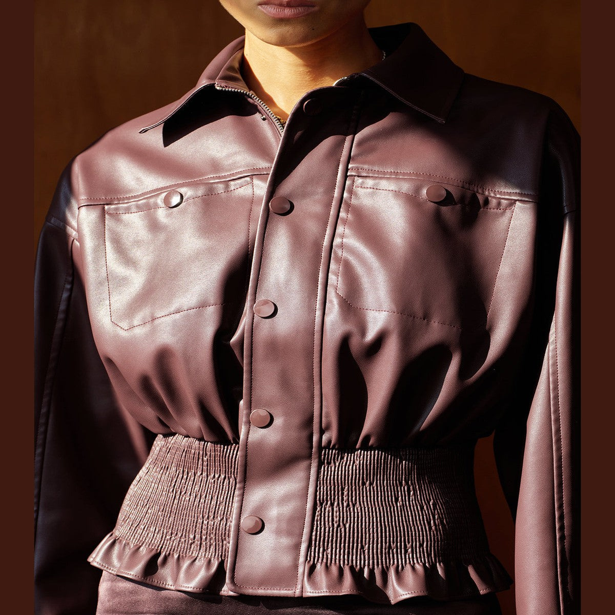 Chocolate Brown PU Leather Jacket with Smocked Waist and Zip Front