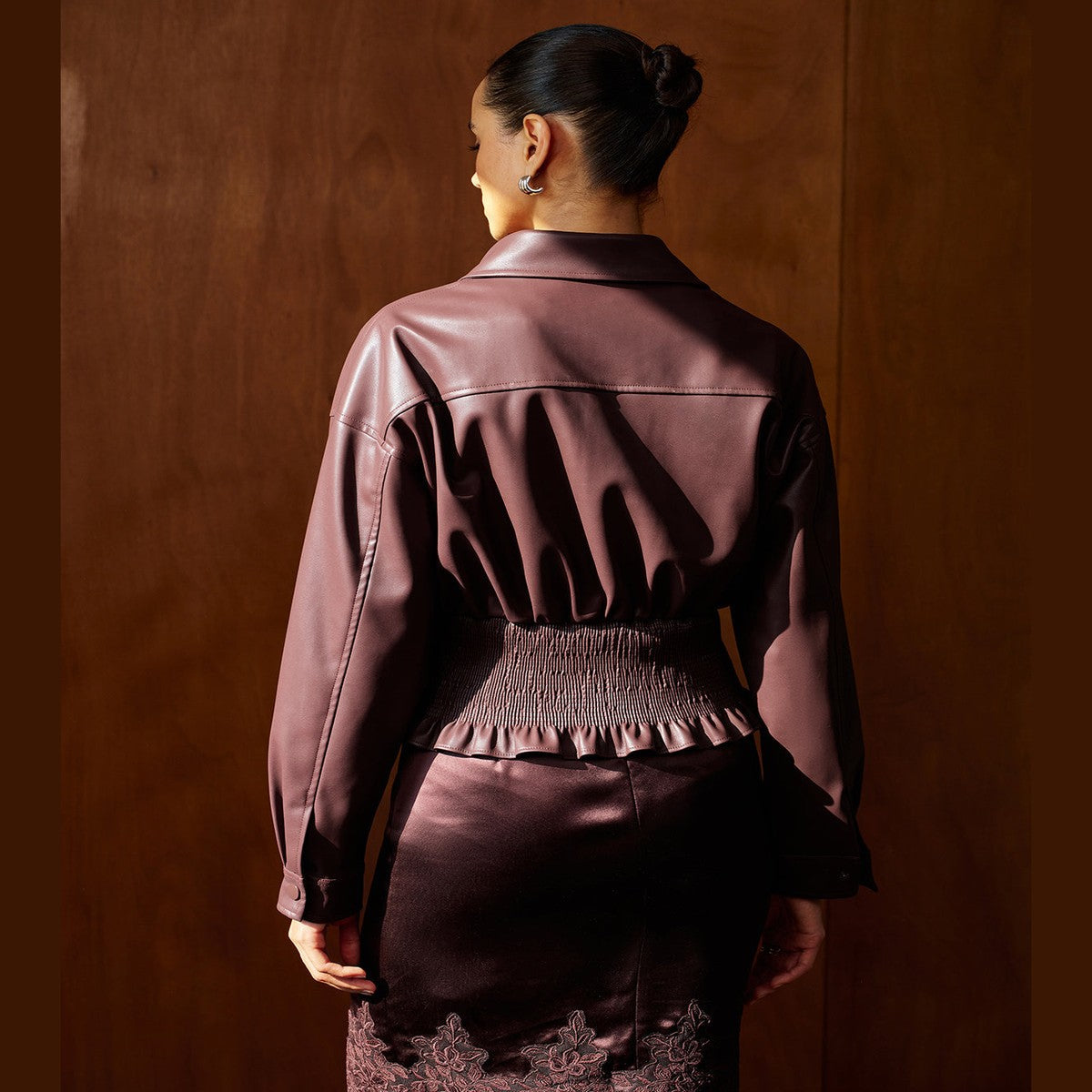 Chocolate Brown PU Leather Jacket with Smocked Waist and Zip Front