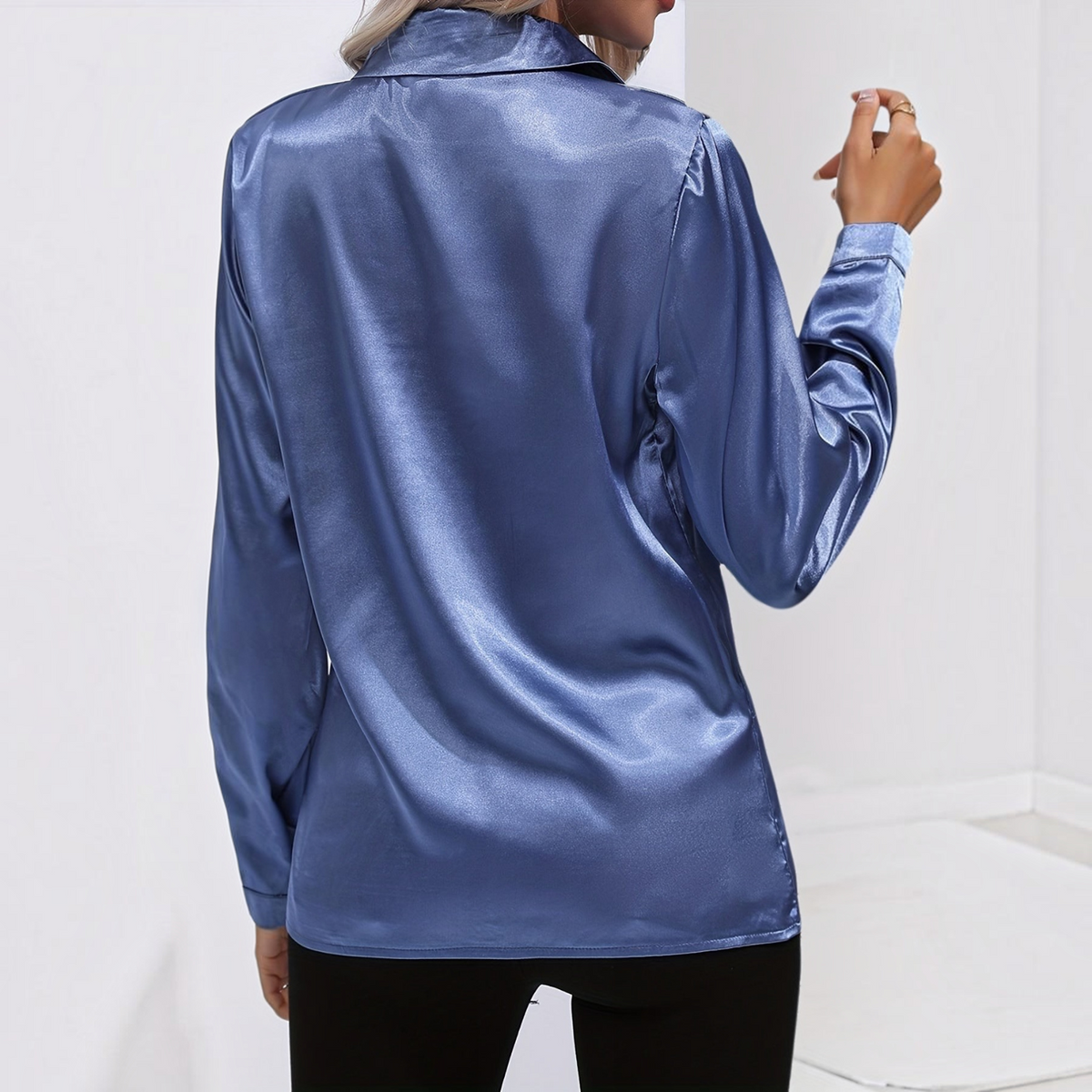Satin Blouse for Women with Button Down Front and Long Sleeves, Tailored Relaxed Fit